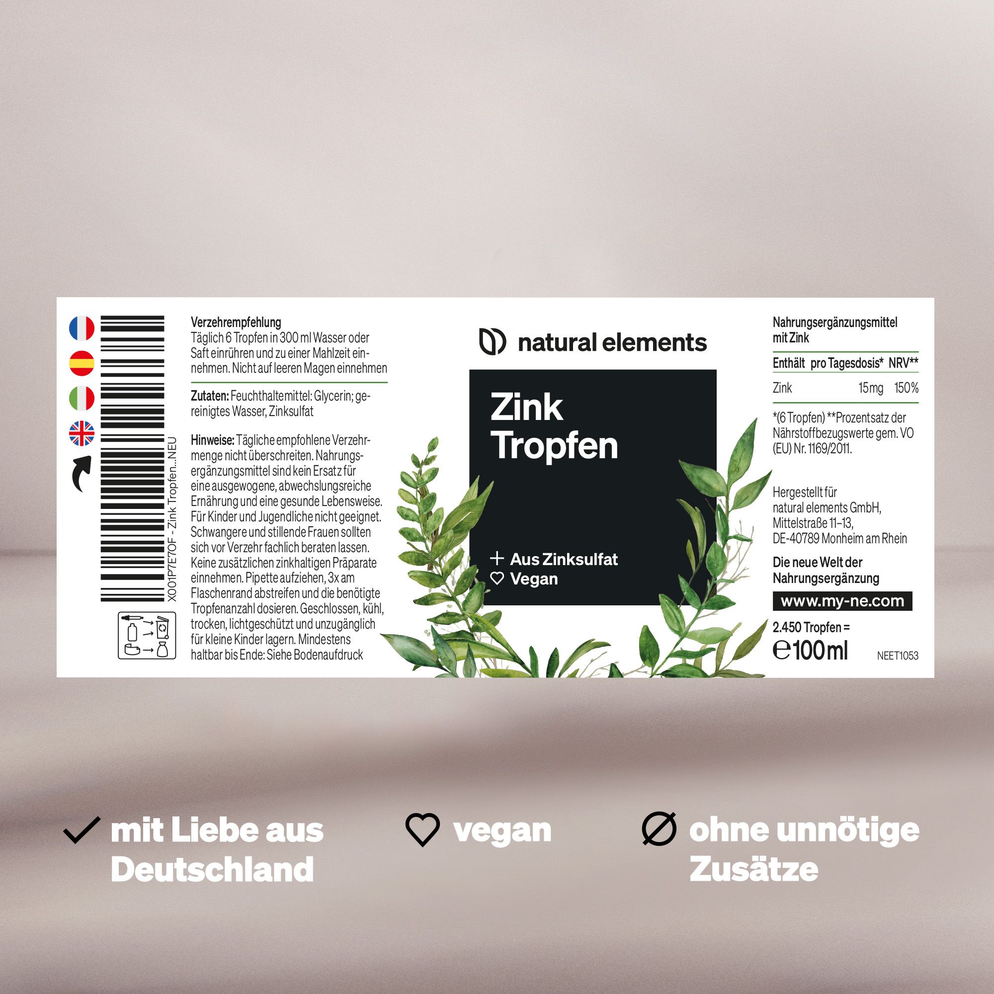 Etikett mit Produktinformationen. Enthält "Zink Tropfen", "natural elements" und Angaben zur Dosierung.
