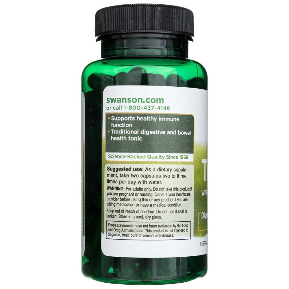 Rückseite einer Dose SWANSON Triphala mit Anwendungshinweisen und Warnungen.