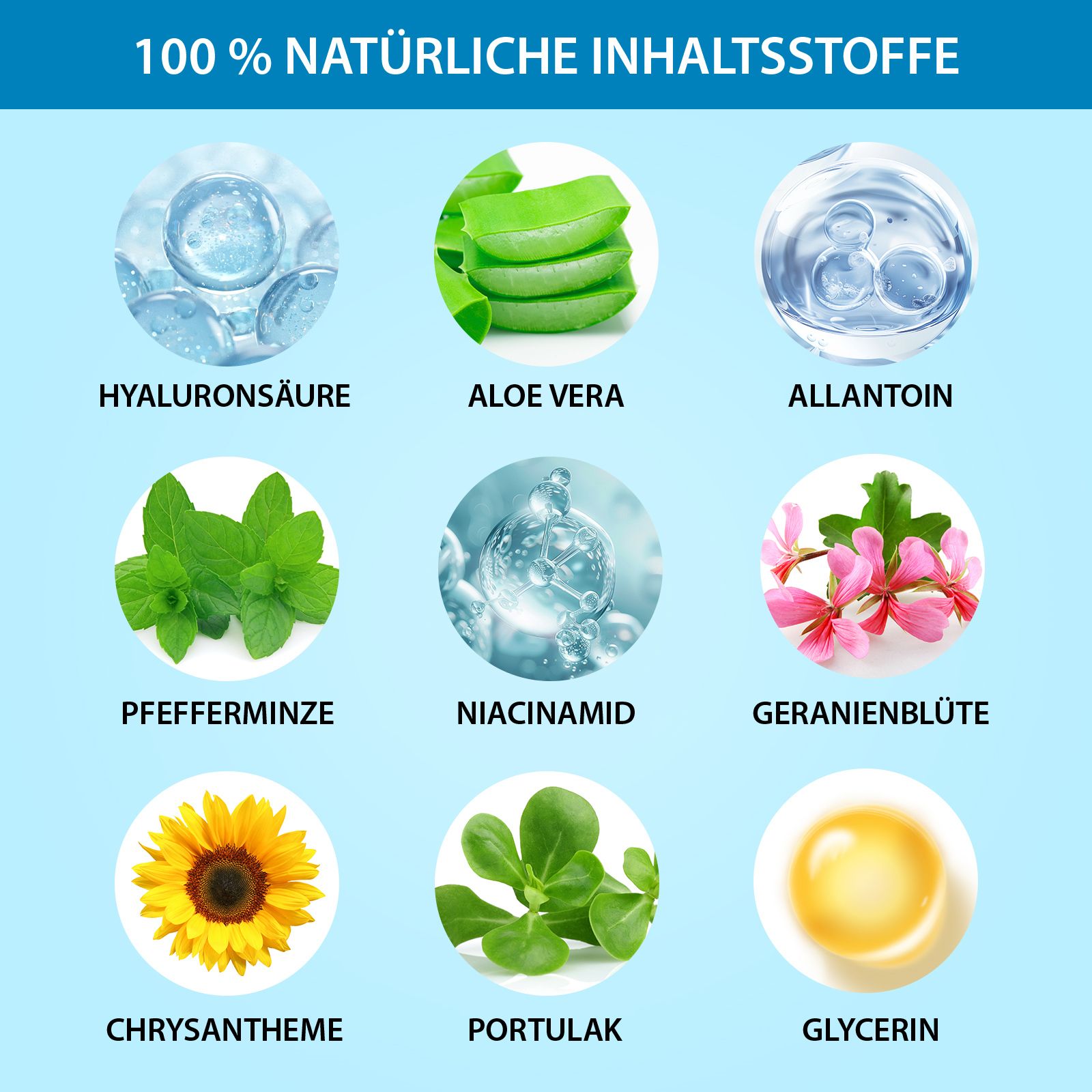 Verschiedene natürliche Inhaltsstoffe: Hyaluronsäure, Aloe Vera, Allantoin, Pfefferminze, Niacinamid, Geranienblüte, Chrysantheme, Portulak, Glycerin.