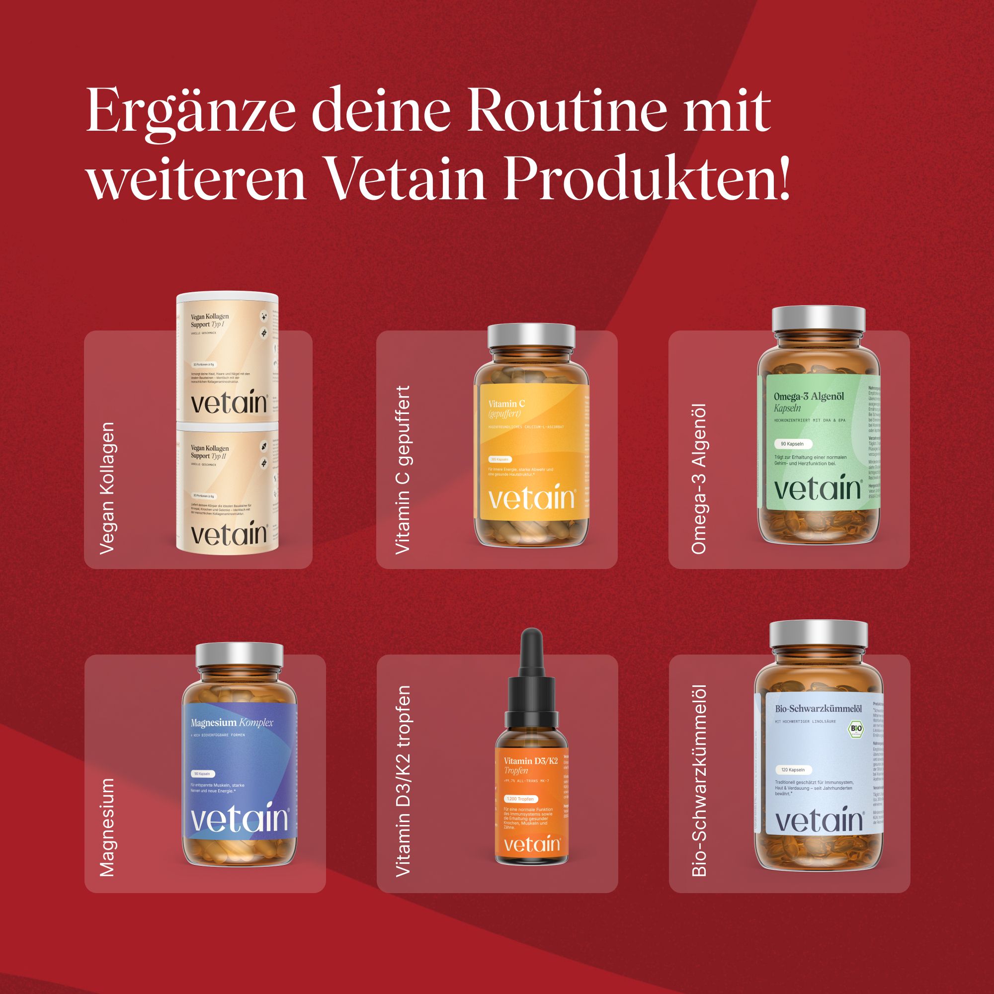 Collage mit verschiedenen vetain Produkten: Vegan Kollagen, Vitamin C, Omega-3, Magnesium, Vitamin D3/K2, Schwarzkümmelöl.