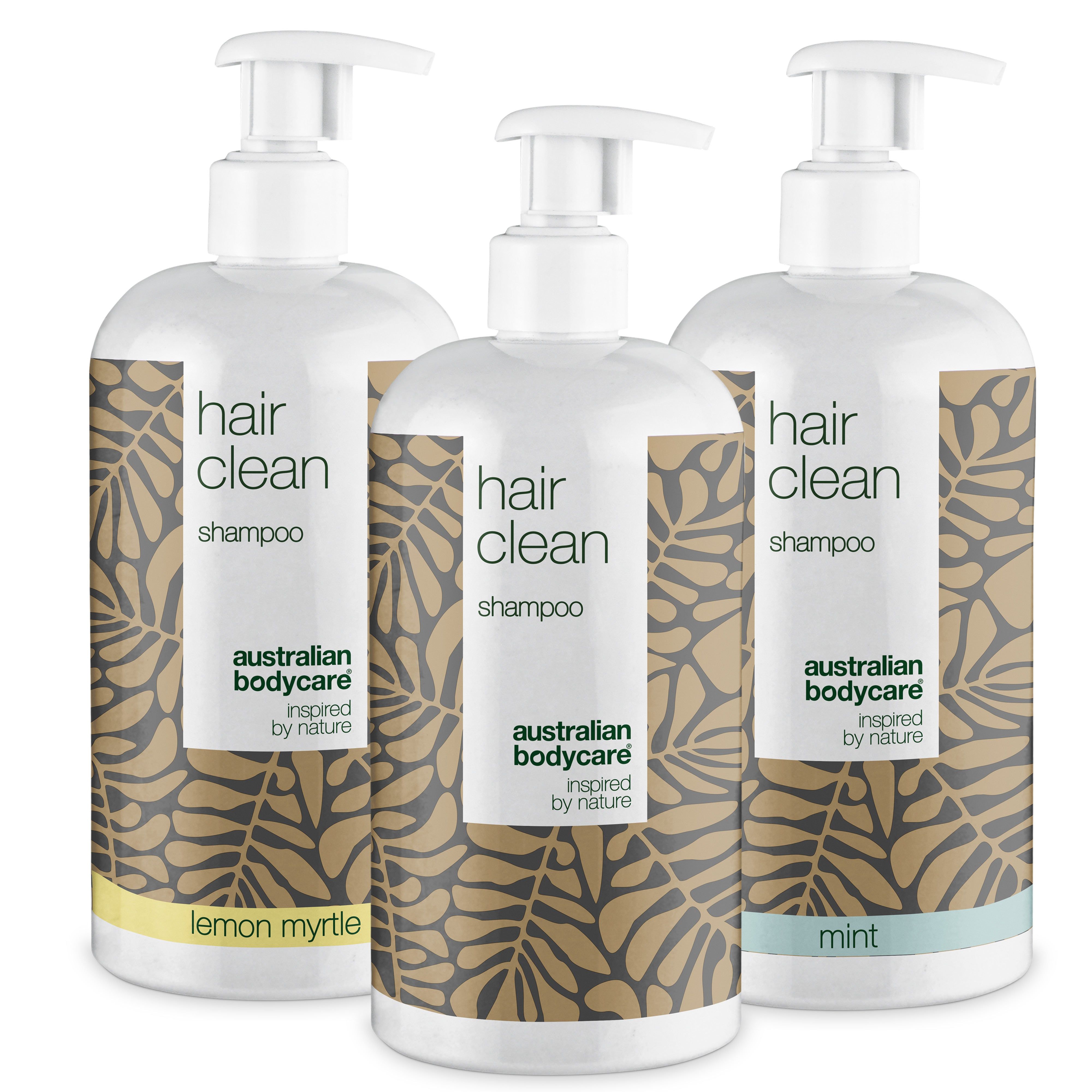 Drei Shampooflaschen mit Pumpverschluss. Aufschrift: Hair Clean Shampoo. Marke: Australian Bodycare.