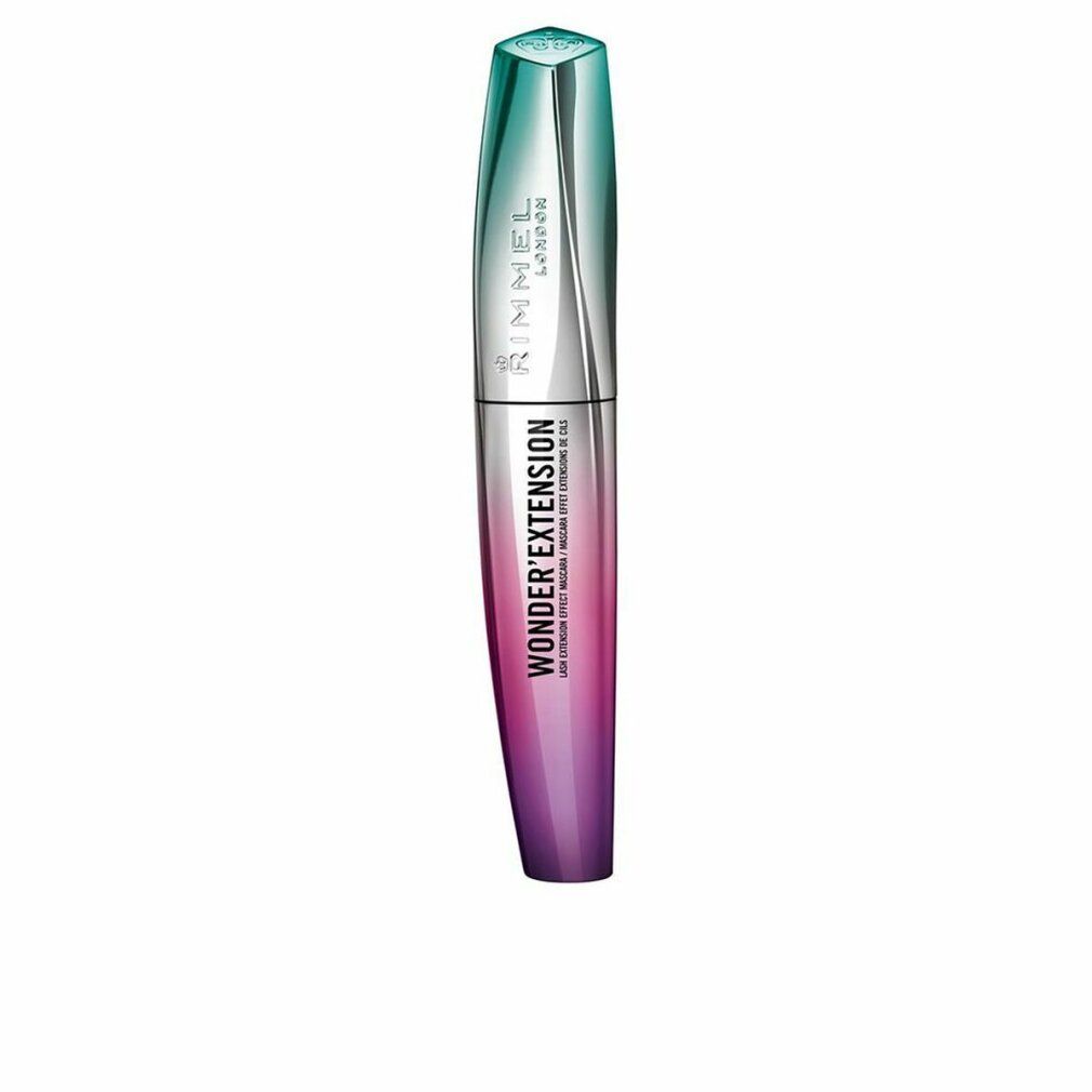 Rimmel Wonder'Extension Mascara. Flasche. Farbverlauf von Grün nach Lila. Text: Wonder'Extension, Sehr Schwarz.