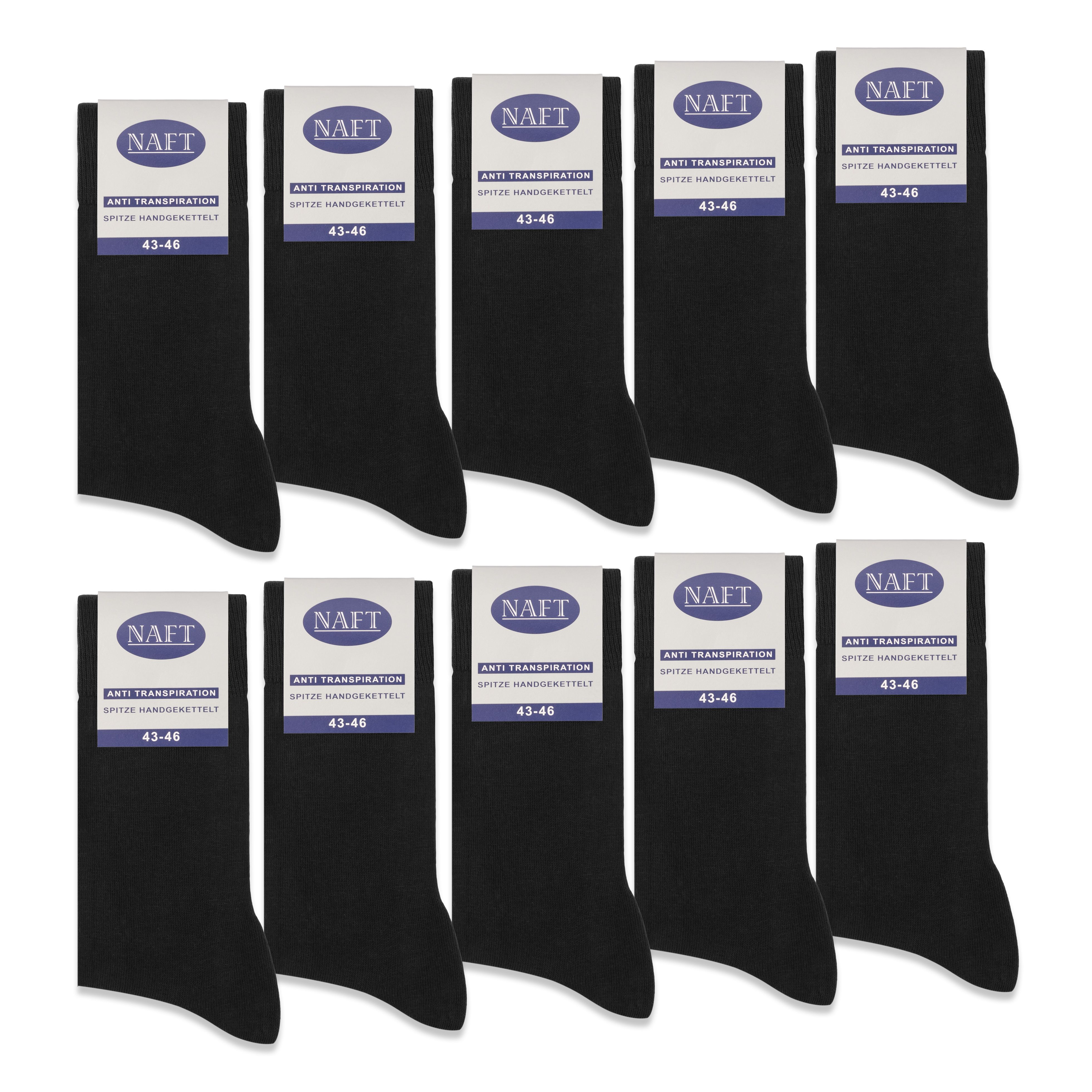 Zehn schwarze Socken mit Etiketten. Etiketten zeigen "NAET", "ANTI-TRANSPIRATION" und Größenangabe 43-46.