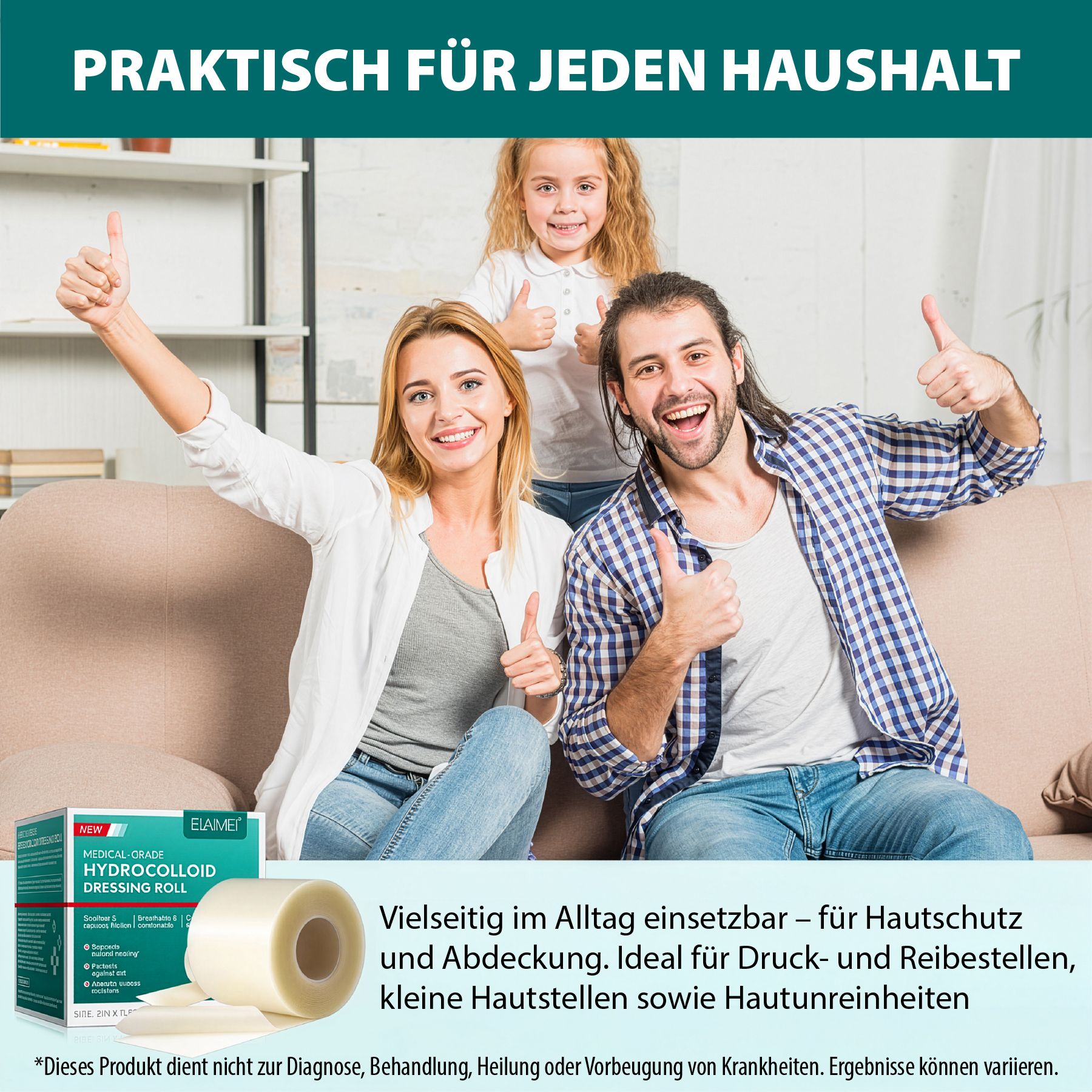 Hydrokolloid Dressing Roll. Familie auf Sofa. Vielseitig im Alltag, für Hautschutz und Abdeckung. Daumen hoch.