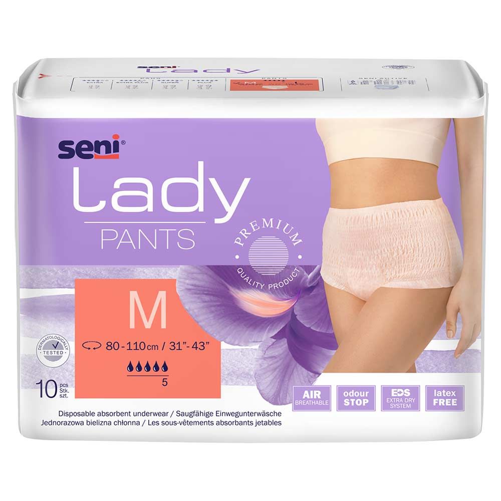 Verpackung Seni Lady Pants M. Zeigt eine Frau, die die Pants trägt. Enthält 10 Stück. Größe M, 80-110cm.