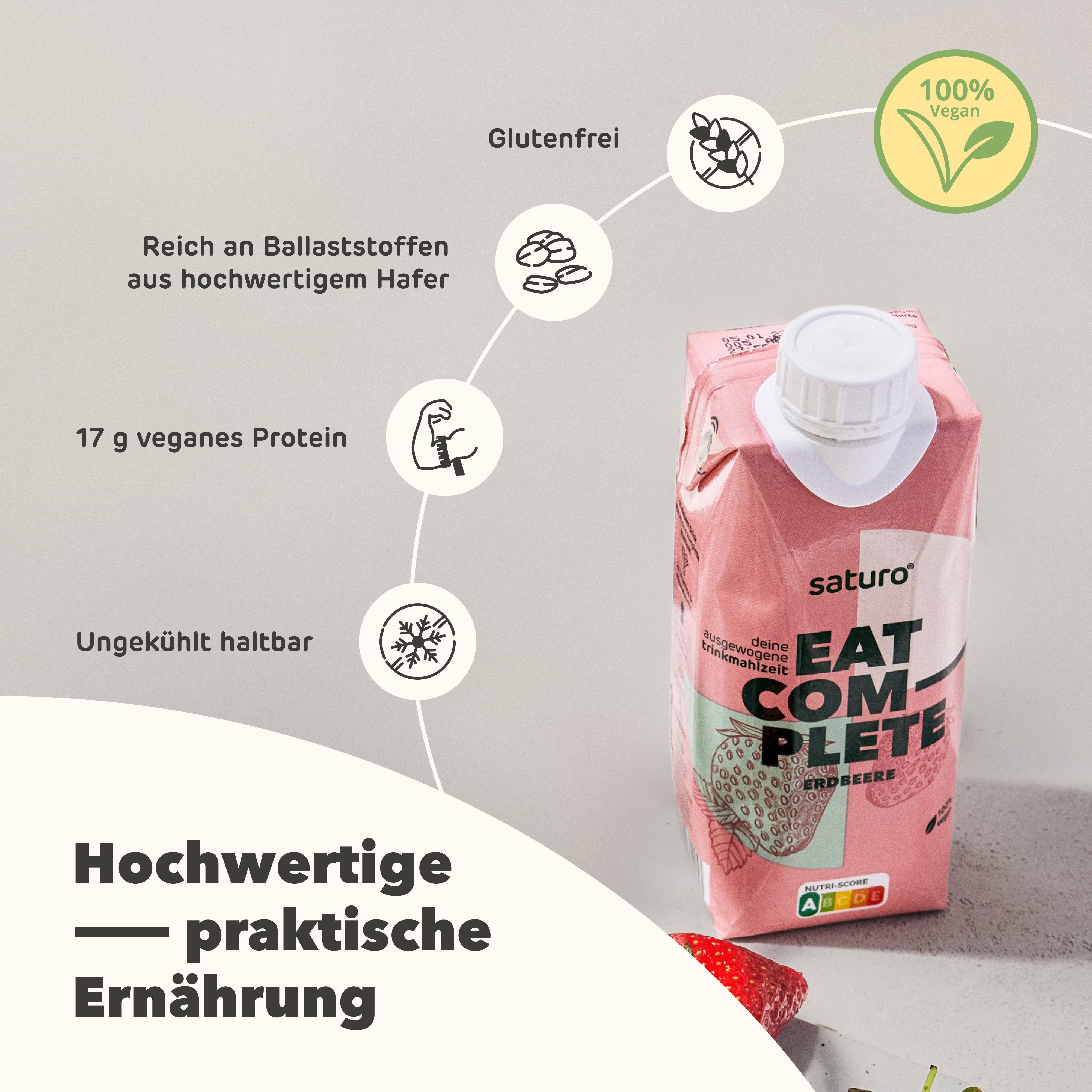 Saturo Trinknahrung Vegan Erdbeere| Astronautennahrung Mit Protein | Trinkmahlzeit Mit Nährstoffen