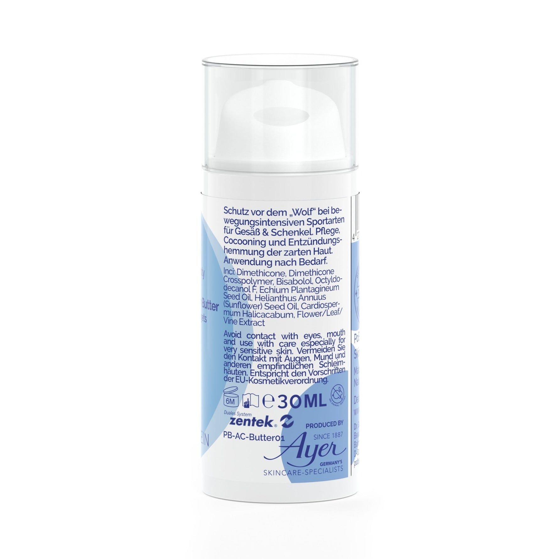 Zylindrische Flasche mit Spender. Blaue Etiketten mit Text und Inhaltsstoffen. Volumen: e30ml. Marke: Ayer Skincare Specialists.