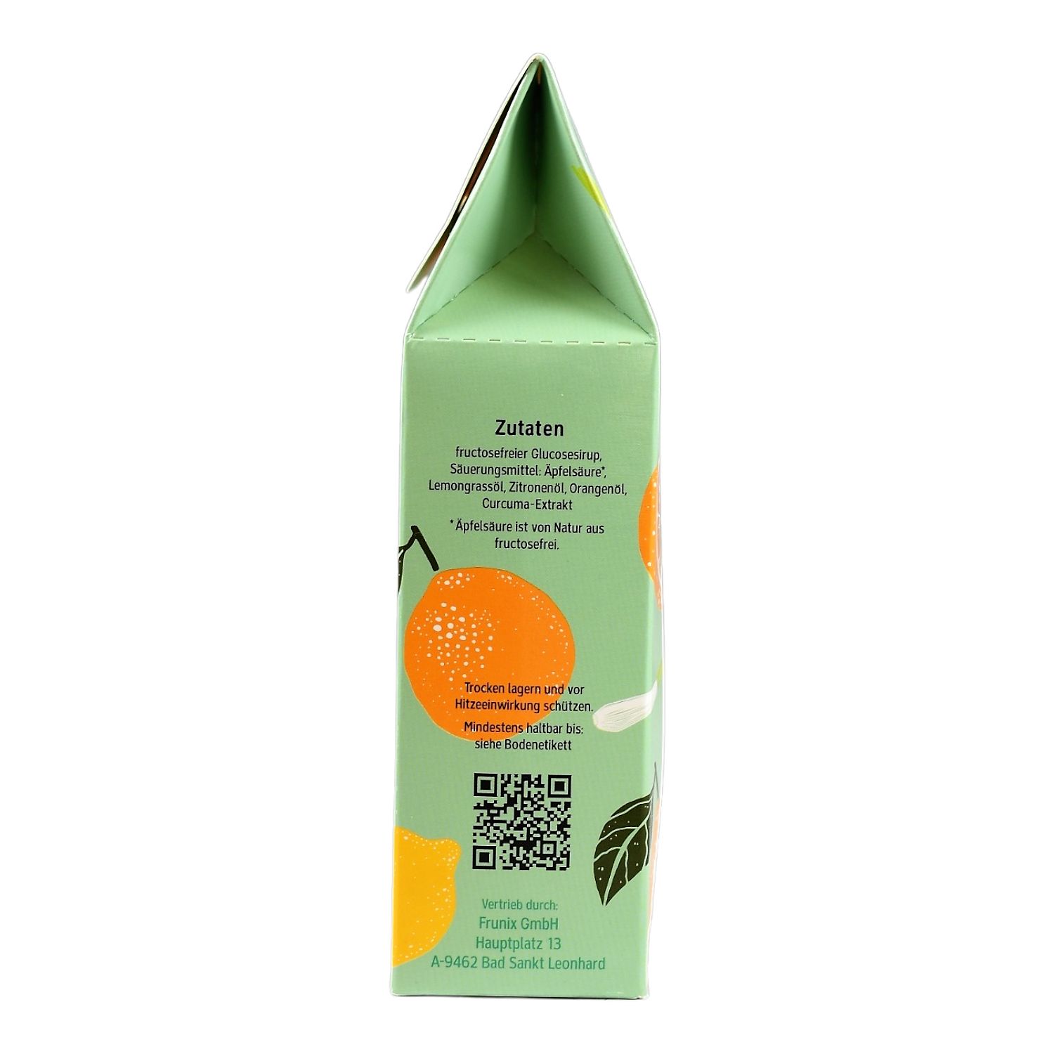 Seitenansicht der Frunix Bonbons Verpackung. Zutatenliste, QR-Code und Illustrationen von Orangen und Zitronen.