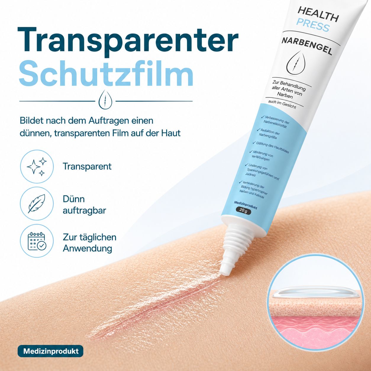 Health Press Narbengel wird auf eine Narbe aufgetragen und bildet einen transparenten Schutzfilm auf der Haut.