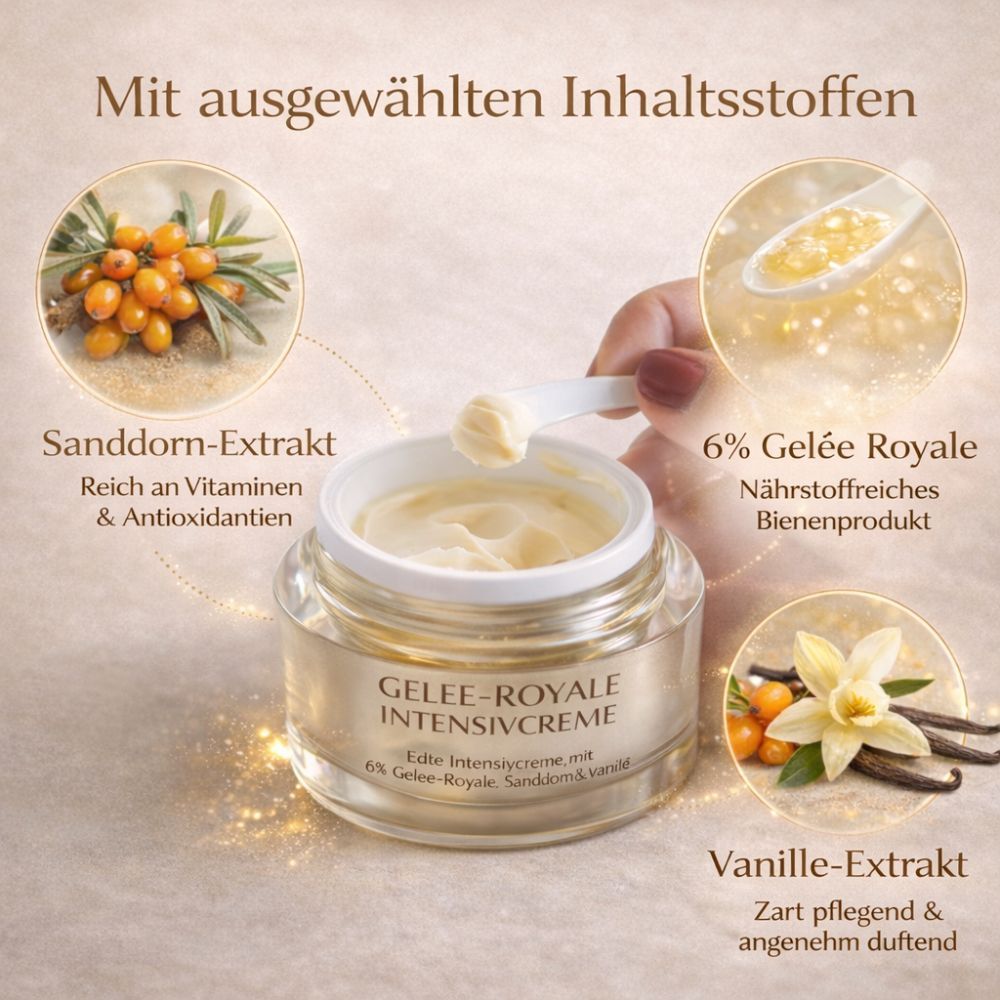 Creme-Dose mit Aufschrift "GELEE-ROYALE INTENSIVCREME". Sanddorn, Vanille und Löffel mit Creme. Produktname sichtbar.