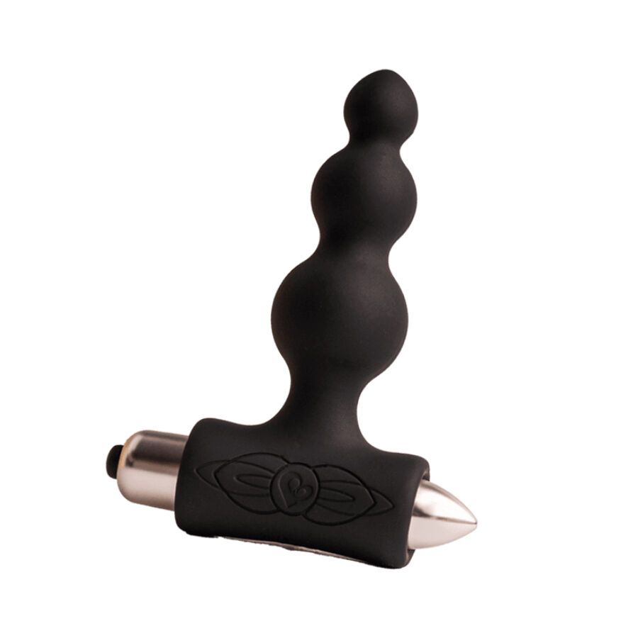 Schwarzer Analplug mit kugelförmigem Ende, schräg gehalten.