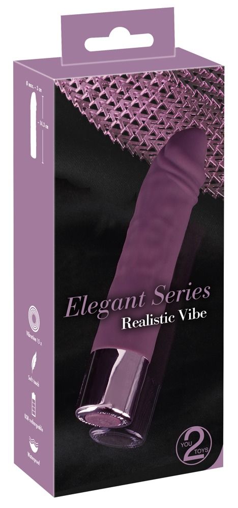 Verpackung mit lila Vibrator. Text: Elegant Series, Realistic Vibe, 15 Vibrationen, USB.