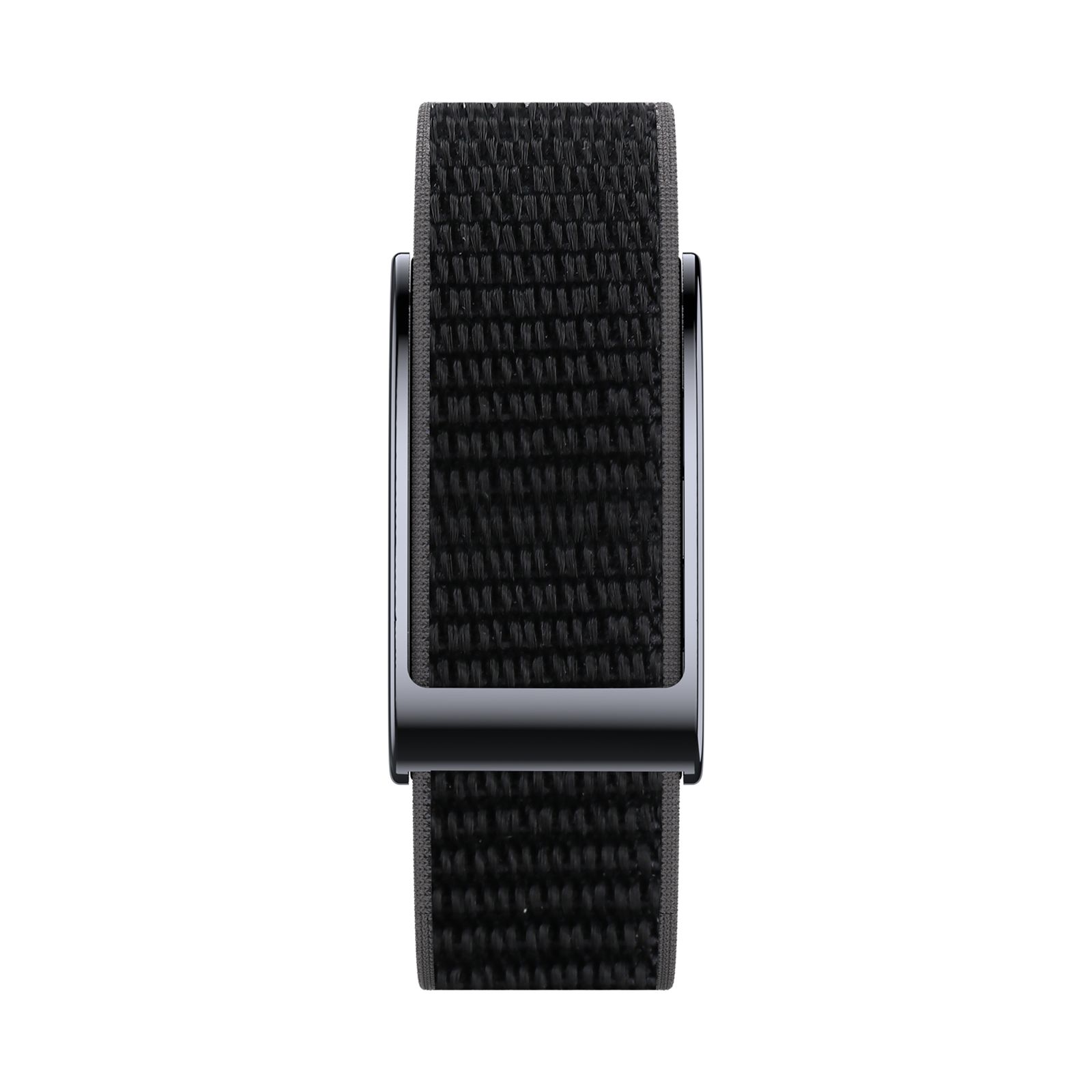 Schwarzes Textilarmband mit schwarzer Metallschnalle, Ansicht von oben.