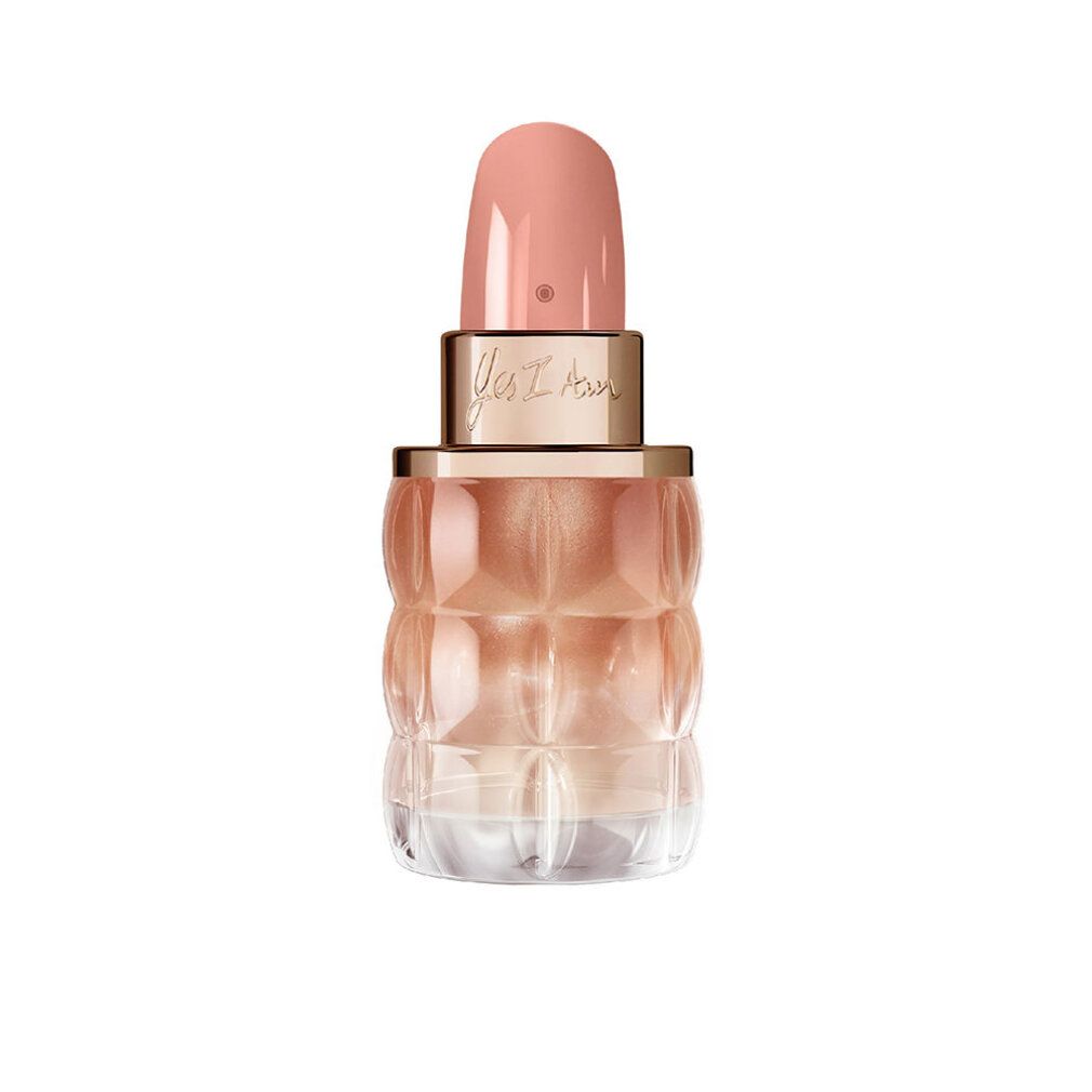 Parfümflasche. Rosa Farbverlauf, goldene Details. Schriftzug: Yes I Am. Verschluss in Lippenform.