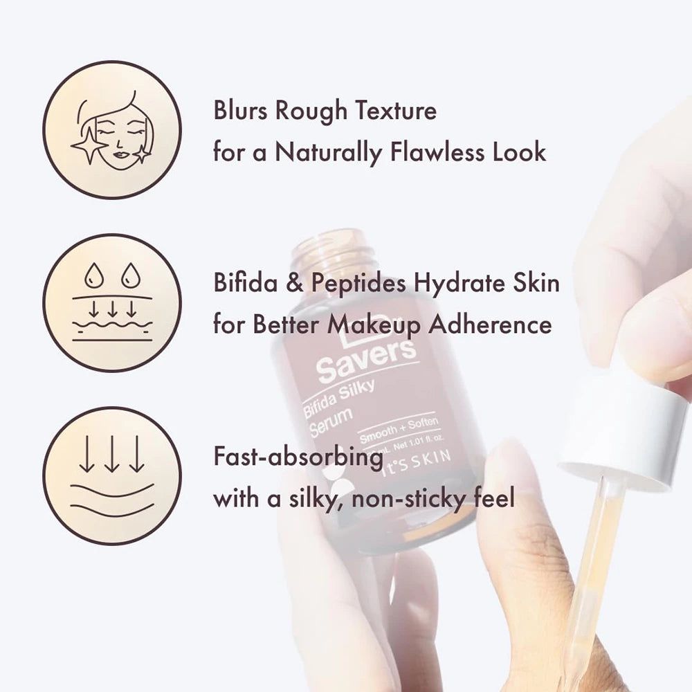 Braune Flasche mit weißem Deckel und Pipette. Produktname: Dr. Savers Bifida Silky Serum. Aufschrift: Smooth + Soften.