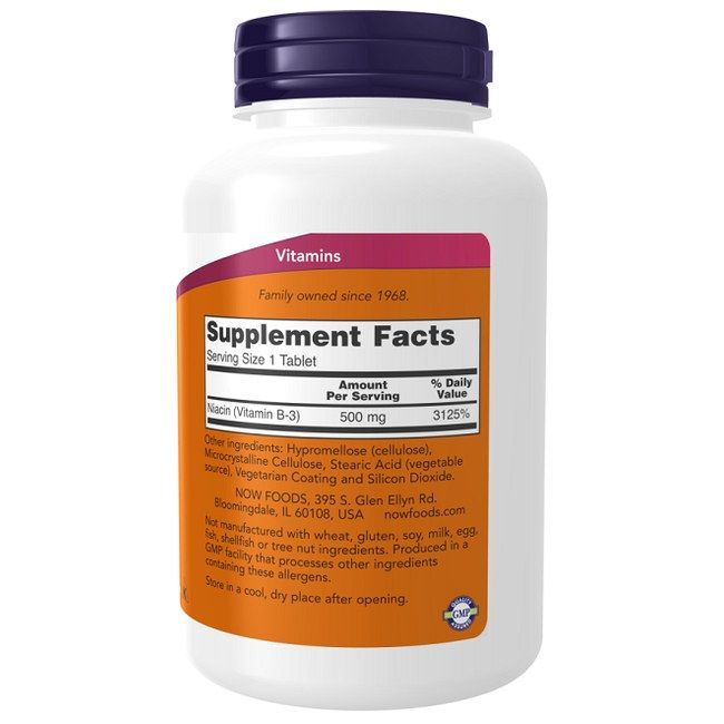 NOW Niacin 500 mg, Supplement Facts, 250 Tabletten, Niacin (Vitamin B-3).