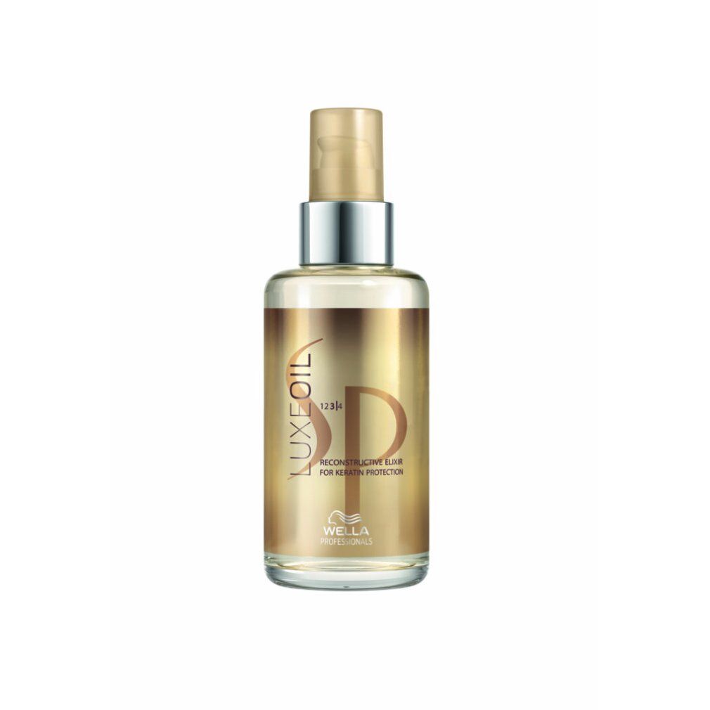 Elixier-Flasche mit goldfarbenem Etikett. Schriftzug: Luxe Oil, SP, Reconstructive Elixir. Silberner Sprühkopf.