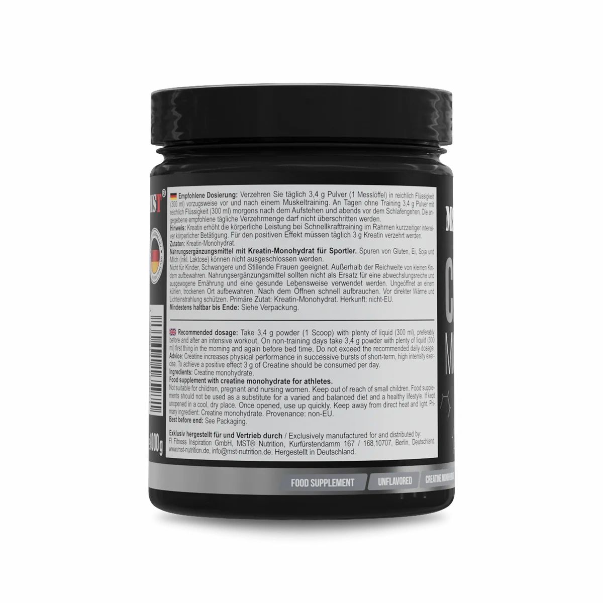 Rückseite der schwarzen Dose MST Creatine. Dosierungsempfehlung, Warnhinweise. Deutsches Flaggen-Design.