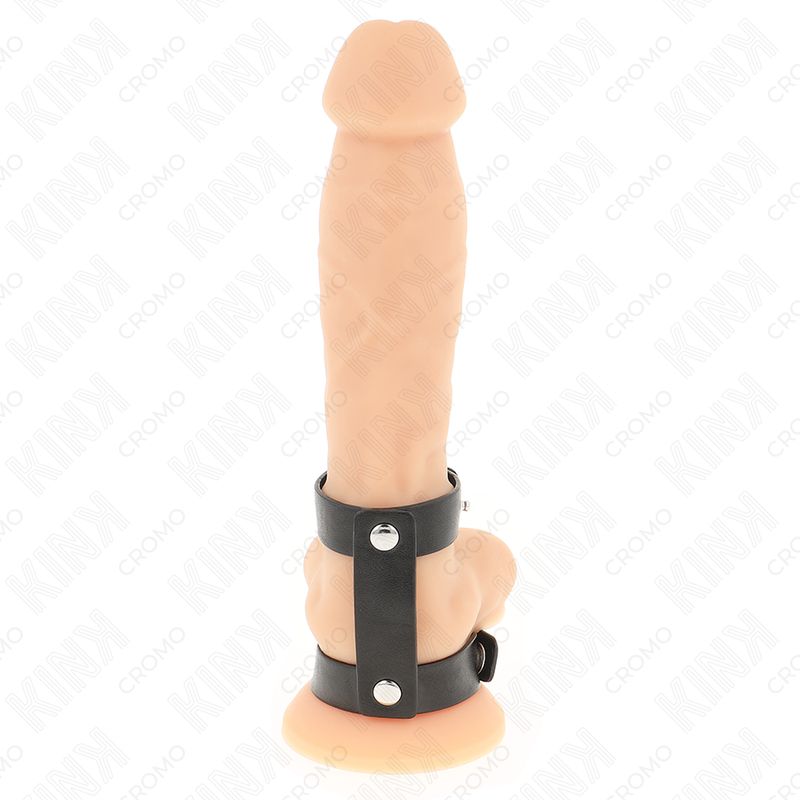 Beigefarbener Penis mit zwei schwarzen, verstellbaren Lederringen. Ringe mit silberfarbenen Nieten.