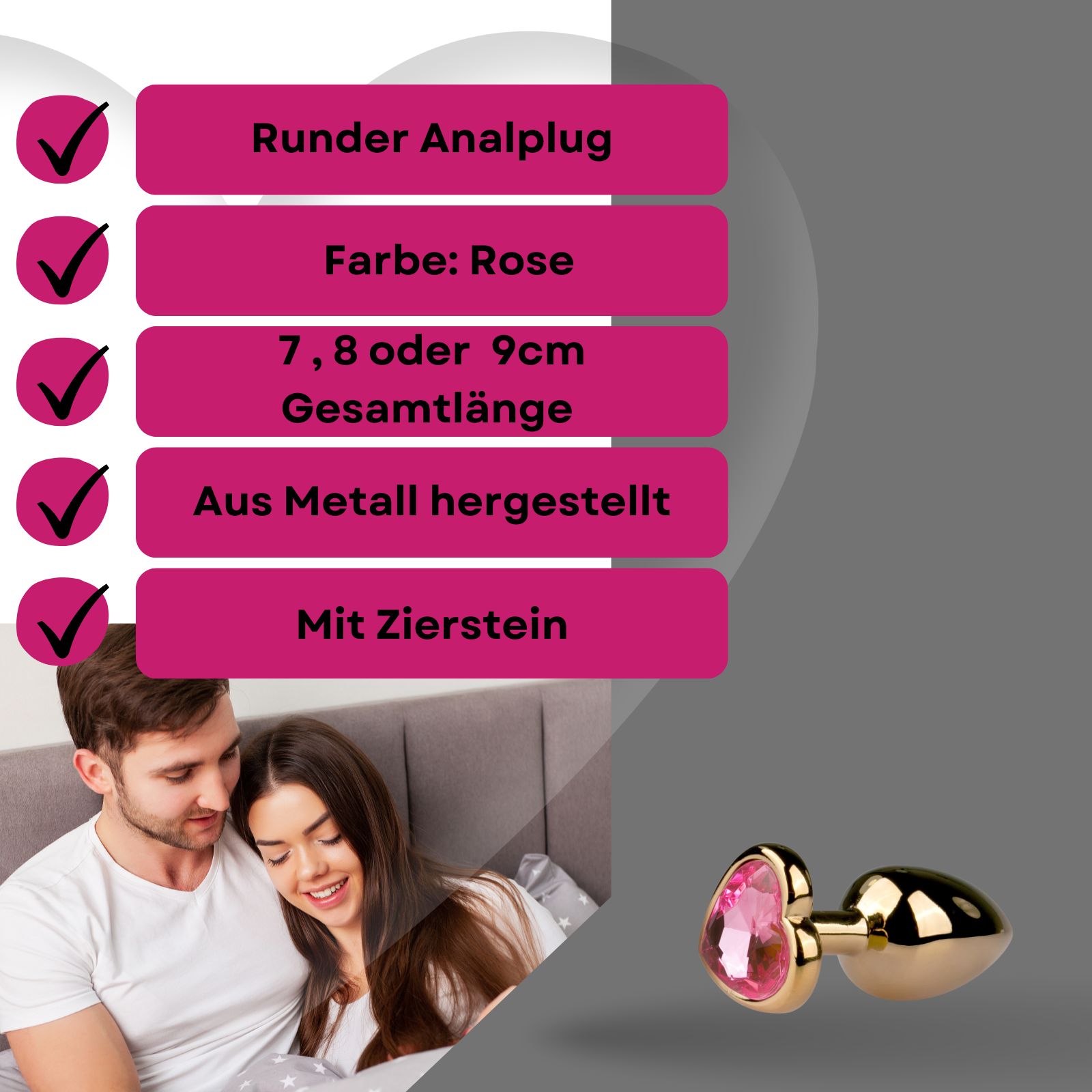 Produktinformationen: Analplug, Farbe: Rosa, Länge: 7,8 oder 9 cm, Material: Metall, mit Zierstein.