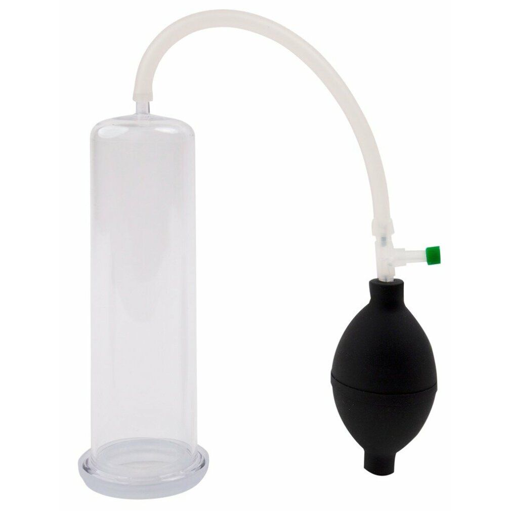 Penispumpe mit transparentem Zylinder, schwarzem Gummiball und Schlauch.