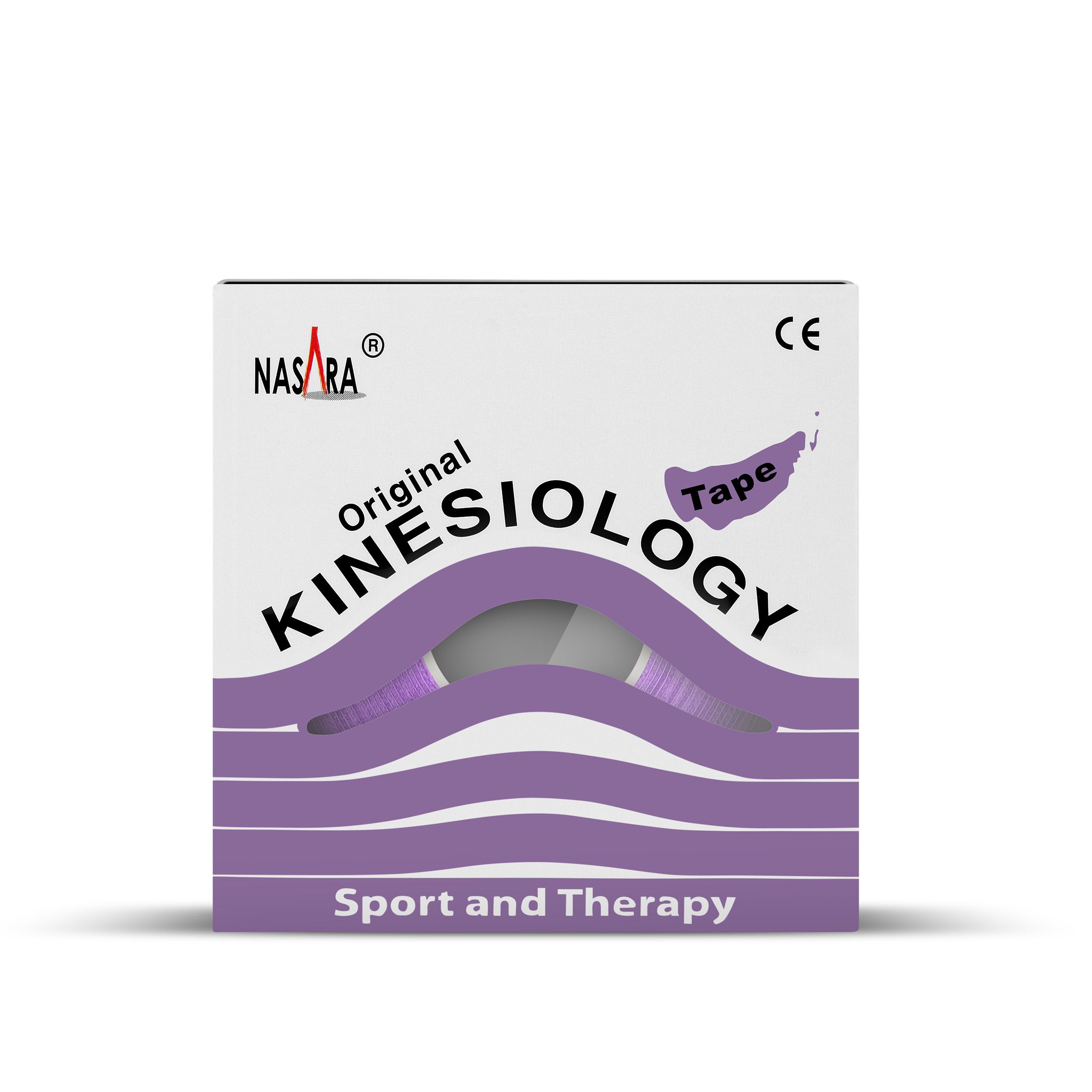 Kinesiologie Tape Box. Marke NASARA. Text: Original Kinesiology Tape, Sport and Therapy. CE-Zeichen. Lila.