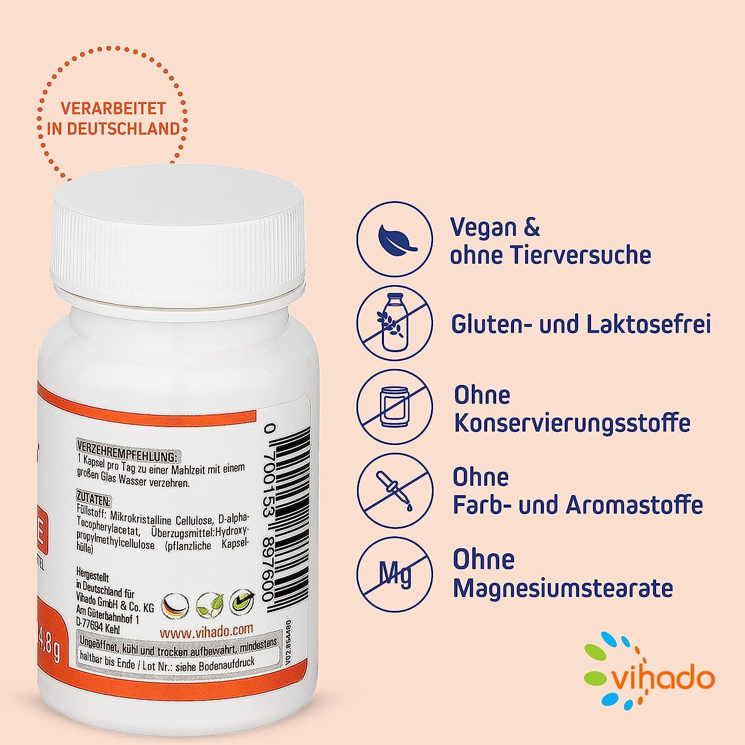Weiße Pillendose mit orangefarbenem Etikett. Text: Vegan, glutenfrei, laktosefrei, ohne Konservierungsstoffe, Farb- und Aromastoffe, Magnesiumstearat.