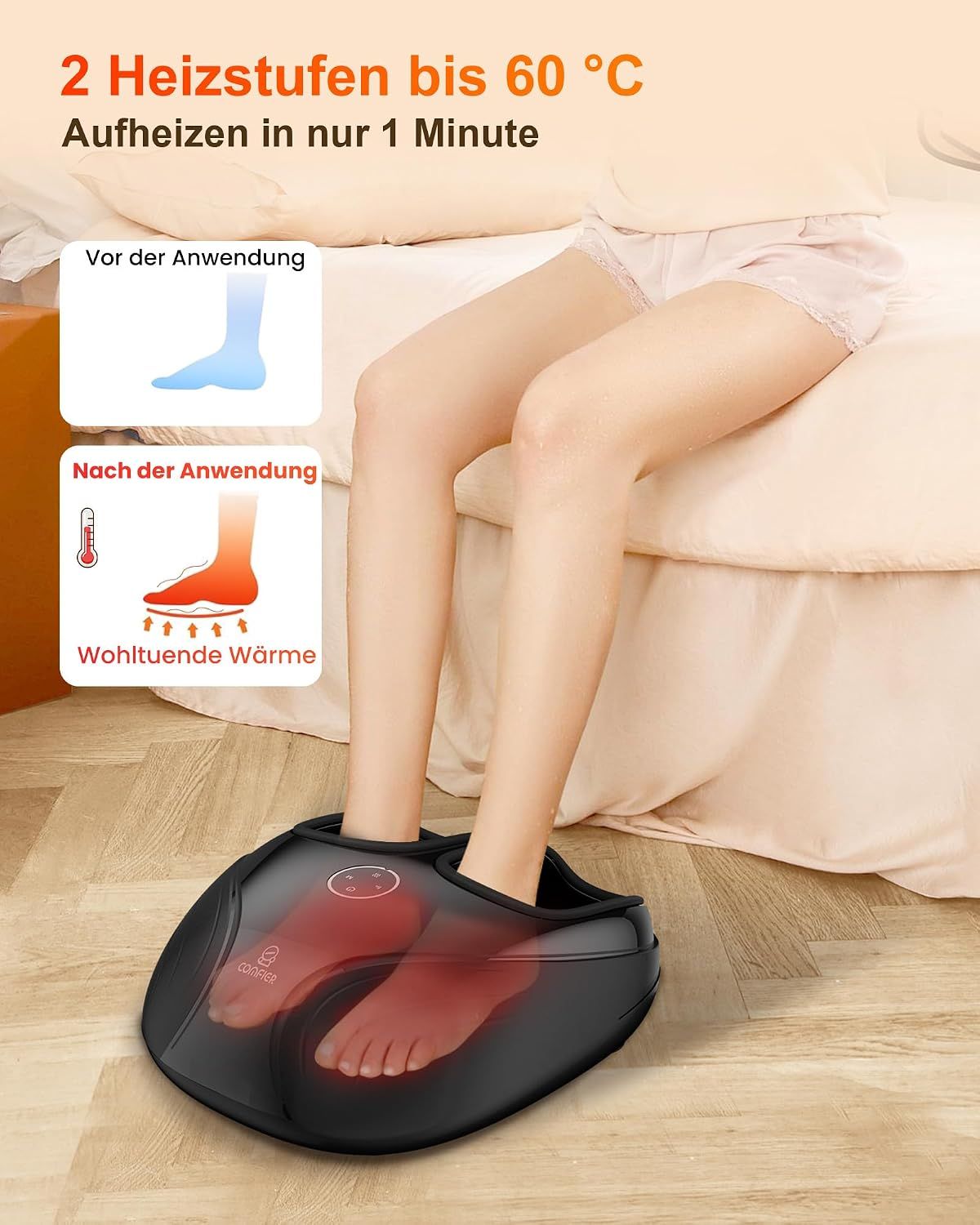 Graue Augenmaske mit Heizfunktion und Luftdruckmassage, auf einem Mann mit geschlossenen Augen liegend.