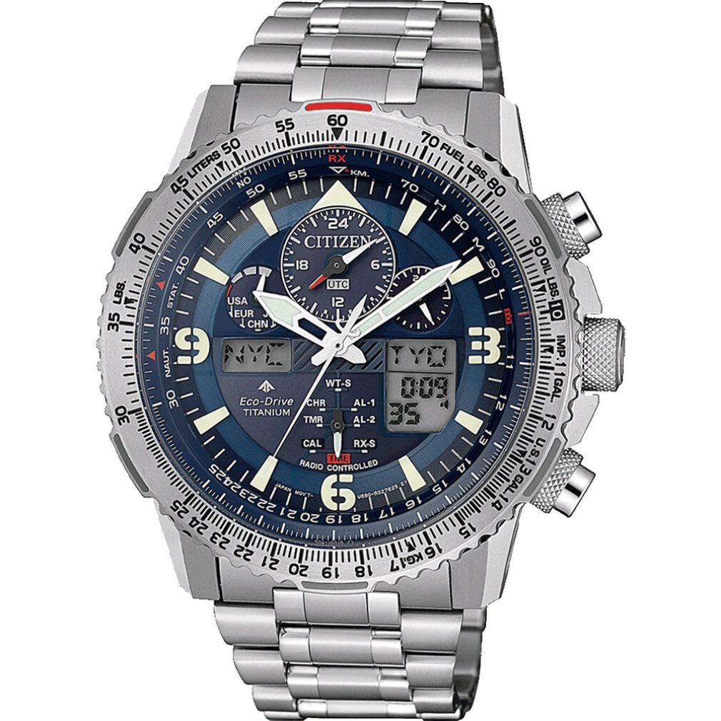 Armbanduhr mit blauem Zifferblatt und silbernem Armband. Digitalanzeige mit Ziffern. Marke Citizen.