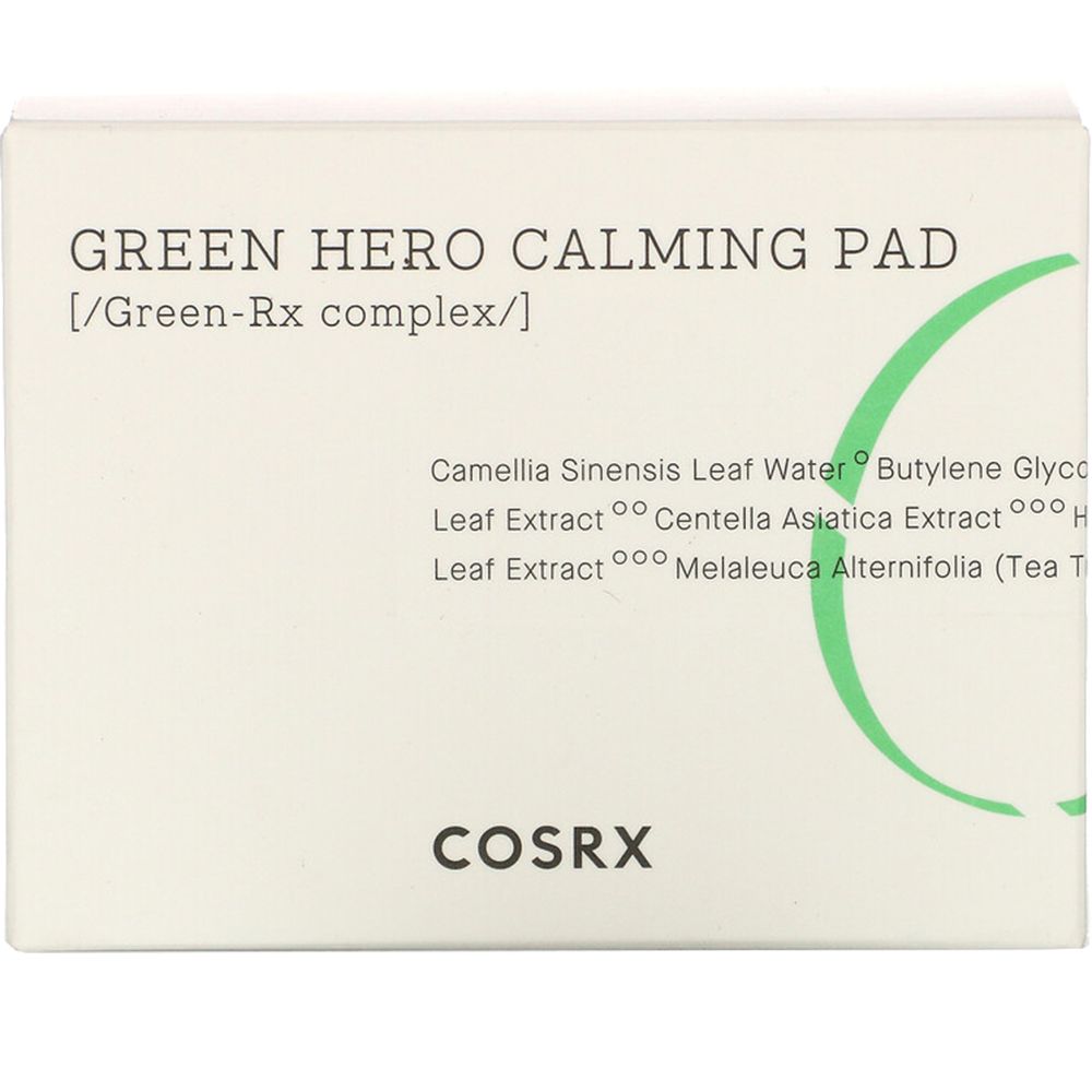 Weiße Verpackung mit Aufschrift: Green Hero Calming Pad, COSRX. Grüne Akzente und Inhaltsstoffe.