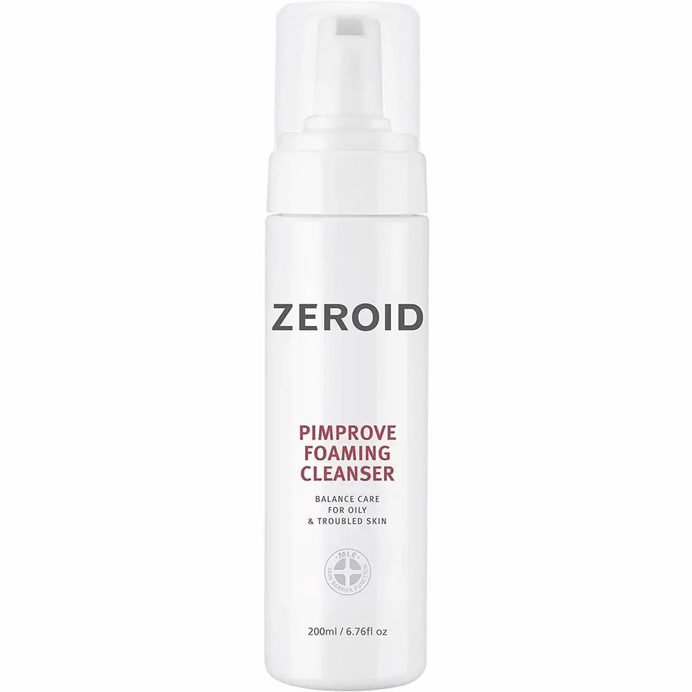Weißer ZEROID Pimprove Foaming Cleanser. Text: Pimprove Foaming Cleanser, Balance Care for Oily & Troubled Skin. 200ml/6.76fl oz.