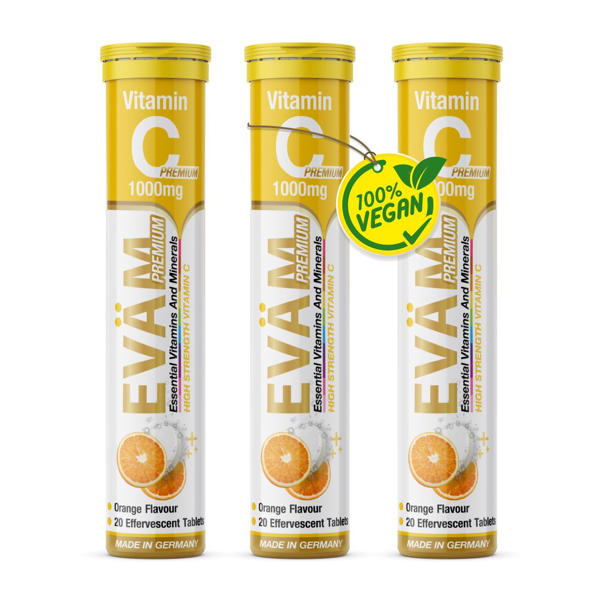 Drei gelbe Tuben mit Vitamin C Brausetabletten. Aufschrift: EVÄM, Vitamin C 1000mg. 100% vegan. Orangen-Abbildung.