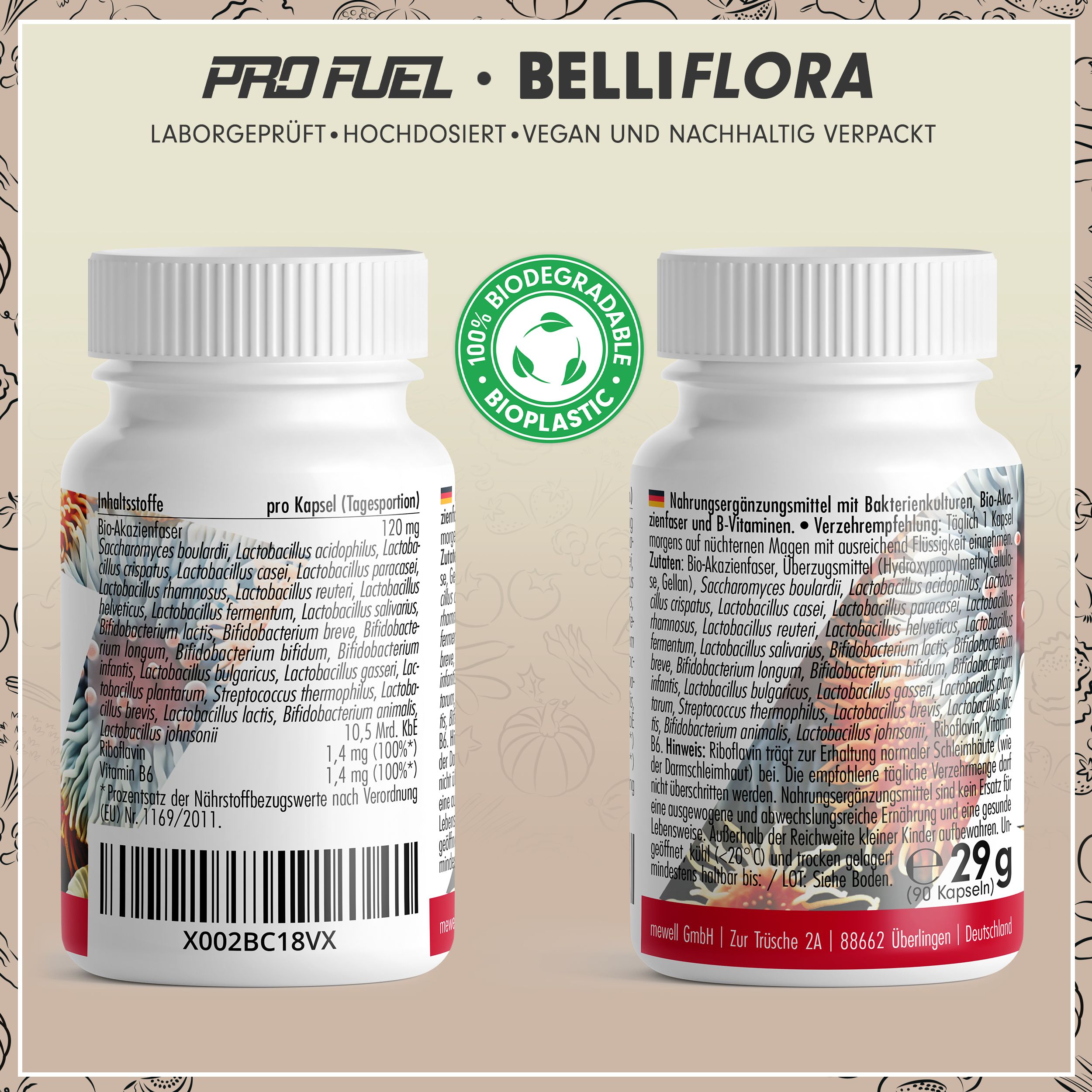 Weiße Flasche, zwei Seiten. Text: Belli Flora, 10,5 Mrd. KBE, 90 Kapseln. Inhaltsstoffe. 29g. Biologisch abbaubar.