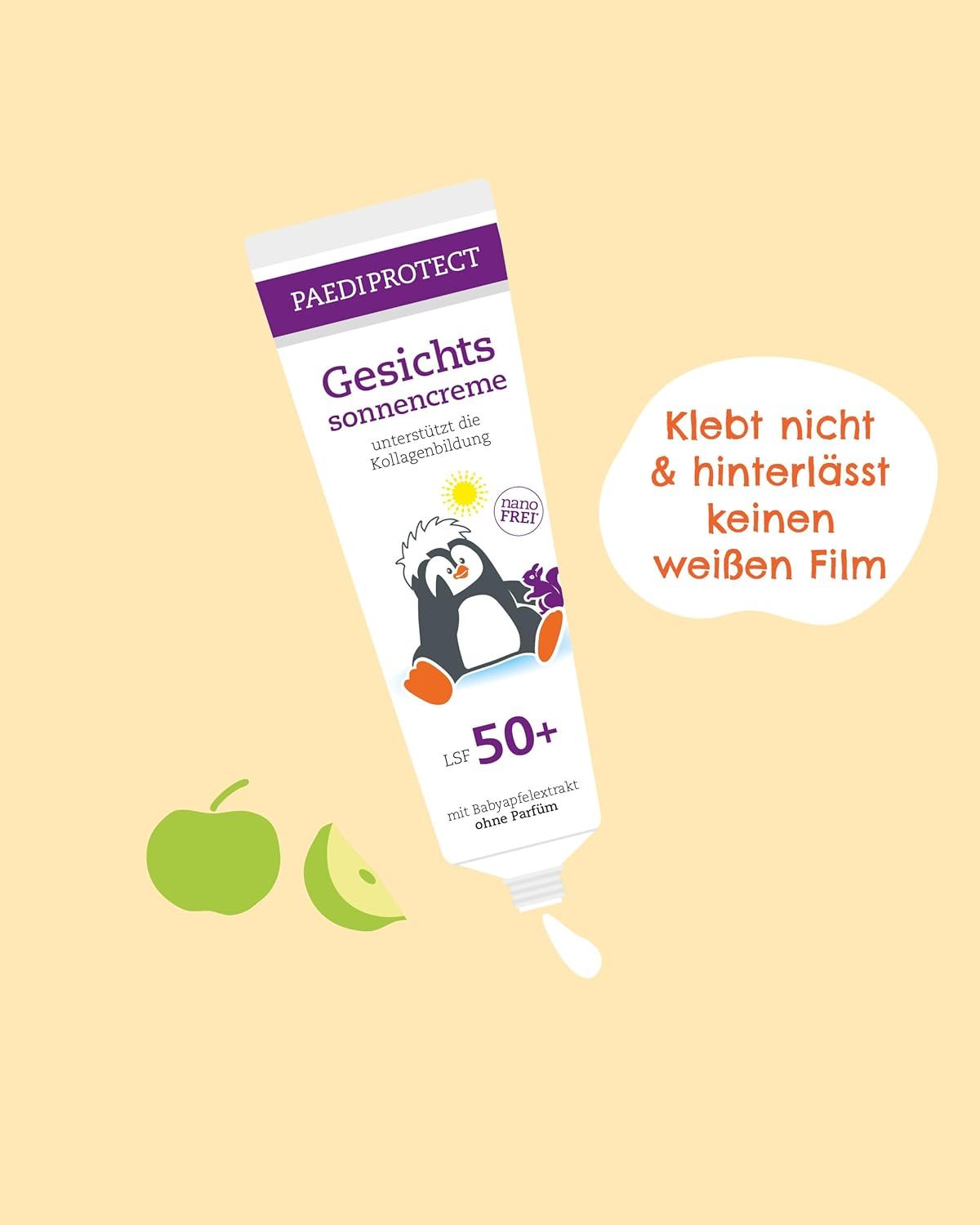 Sonnencreme-Tube. Aufschrift: Gesichtssonnencreme LSF 50+. Mit Pinguin-Illustration. Text: Klebt nicht & hinterlässt keinen weißen Film.