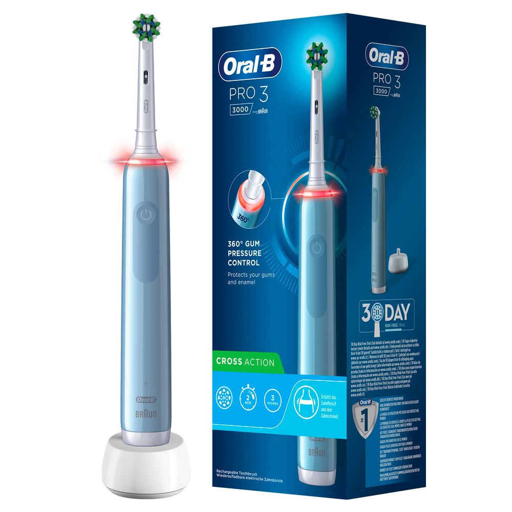 Blaue elektrische Zahnbürste mit Ladestation und Verpackung. Auf der Verpackung steht "Oral-B Pro 3".