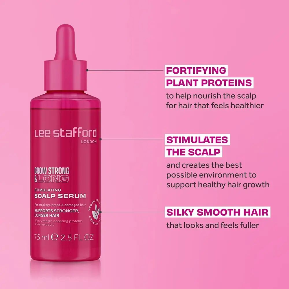 Rosa Pipettenflasche mit Lee Stafford Grow Strong & Long Serum, daneben Text zu pflanzlichen Proteinen.