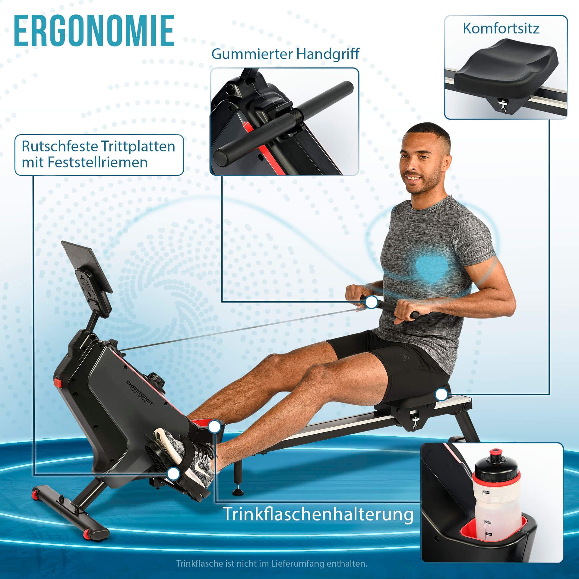 Rudergerät mit ergonomischen Merkmalen. Rutschfeste Trittplatten, gummierter Handgriff, Komfortsitz, Trinkflaschenhalterung.