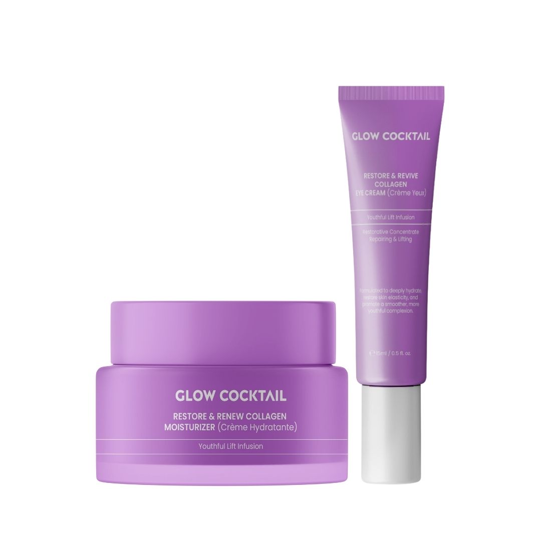 Zwei lila Kosmetikprodukte. Ein Tiegel und eine Tube mit Text: GLOW COCKTAIL, RESTORE & RENEW COLLAGEN, MOISTURIZER und EYE CREAM.