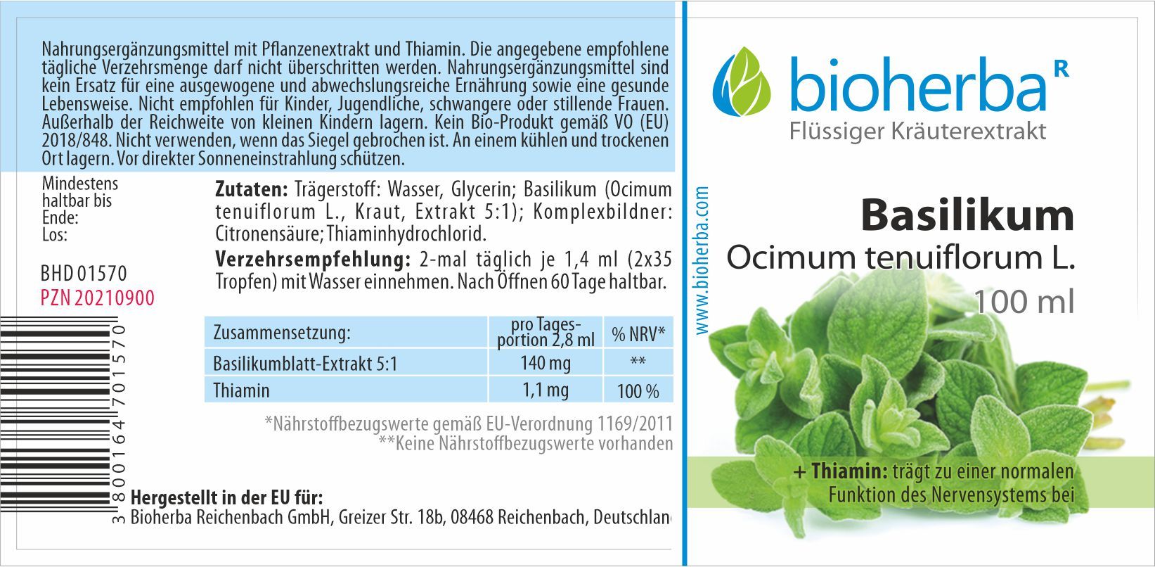 Braune Glasflasche mit schwarzem Deckel. Etikett mit Produktnamen, Basilikum-Abbildung und Text. Marke: bioherba.