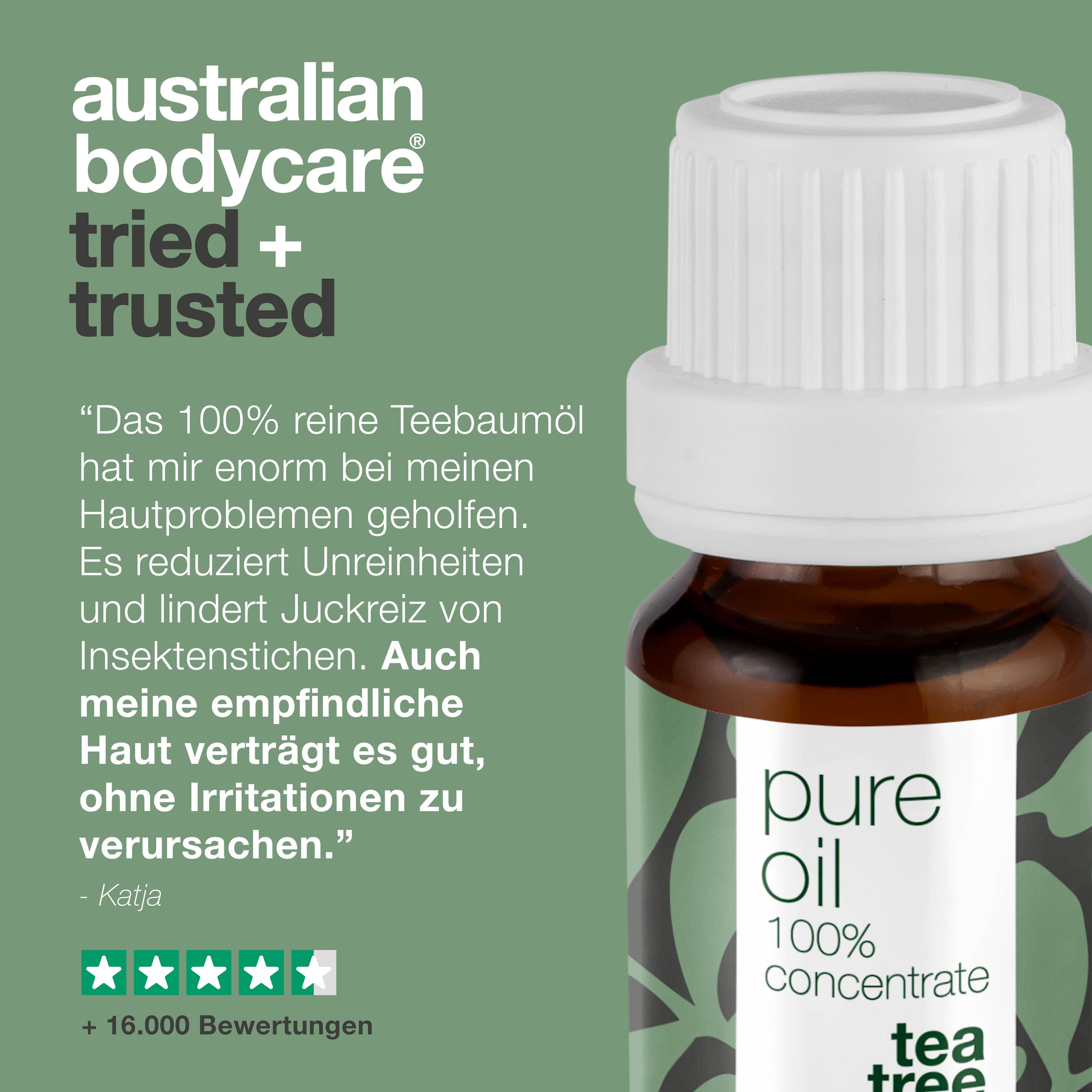 Text: Das 100% reine Teebaumöl hat mir enorm bei meinen Hautproblemen geholfen. Bewertung: 5 Sterne. +16.000 Bewertungen.