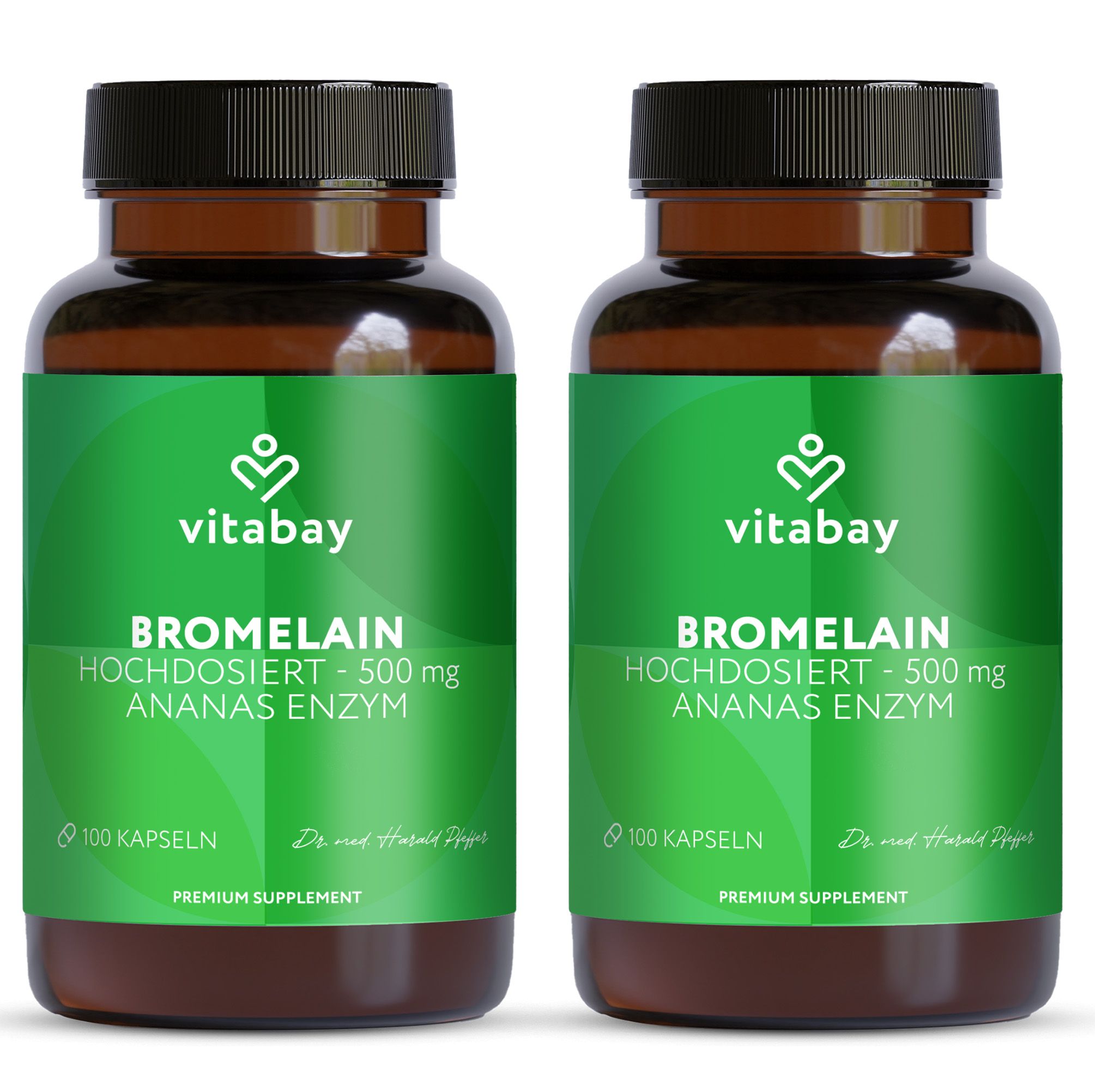 Zwei Flaschen Vitabay Bromelain 500mg, 100 Kapseln. Grünes Etikett. Vitabay Logo.