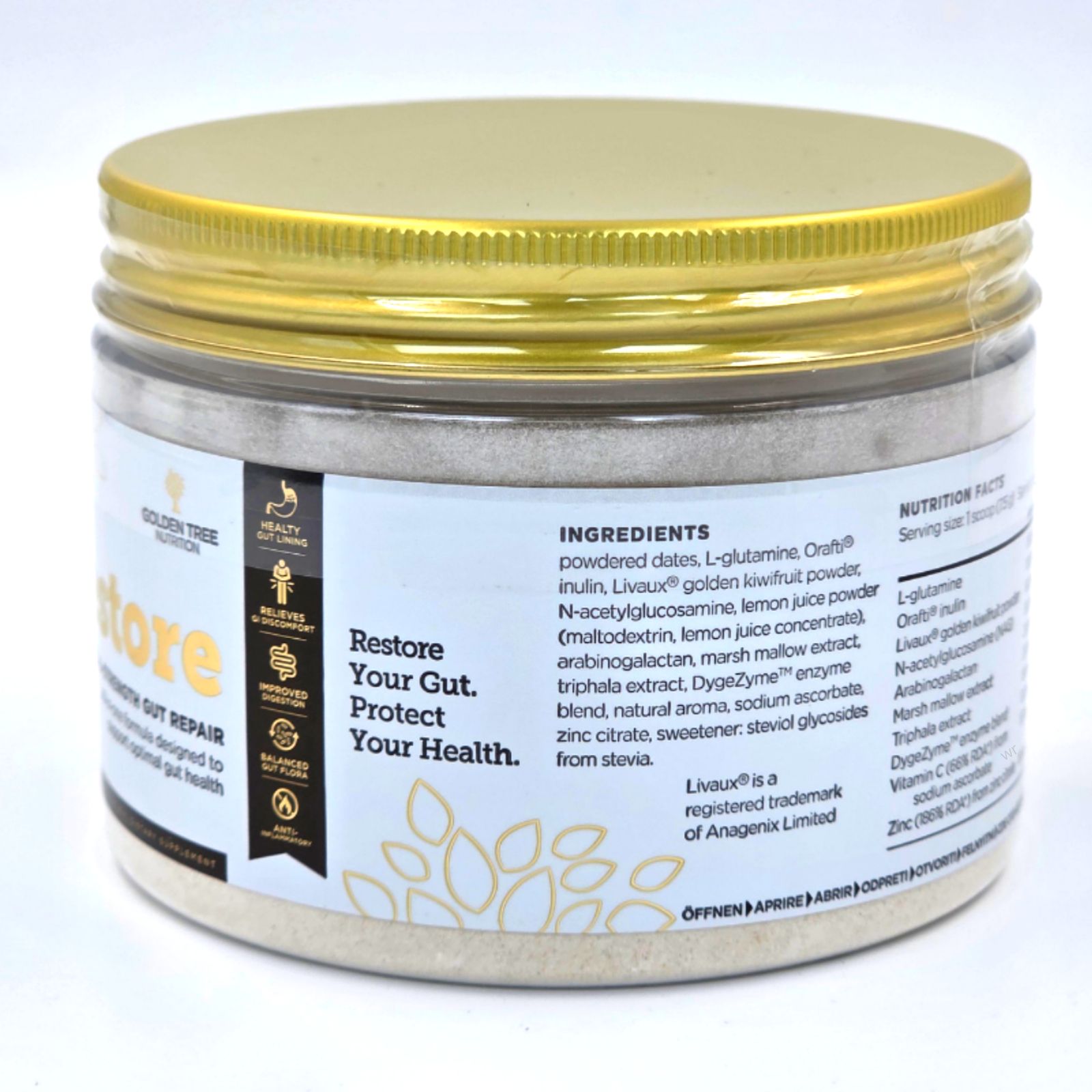 Rückseite des Gut Restore-Behälters. Zutatenliste, Nährwertangaben. Golden Tree Nutrition Logo. Goldener Deckel, weißes Pulver.