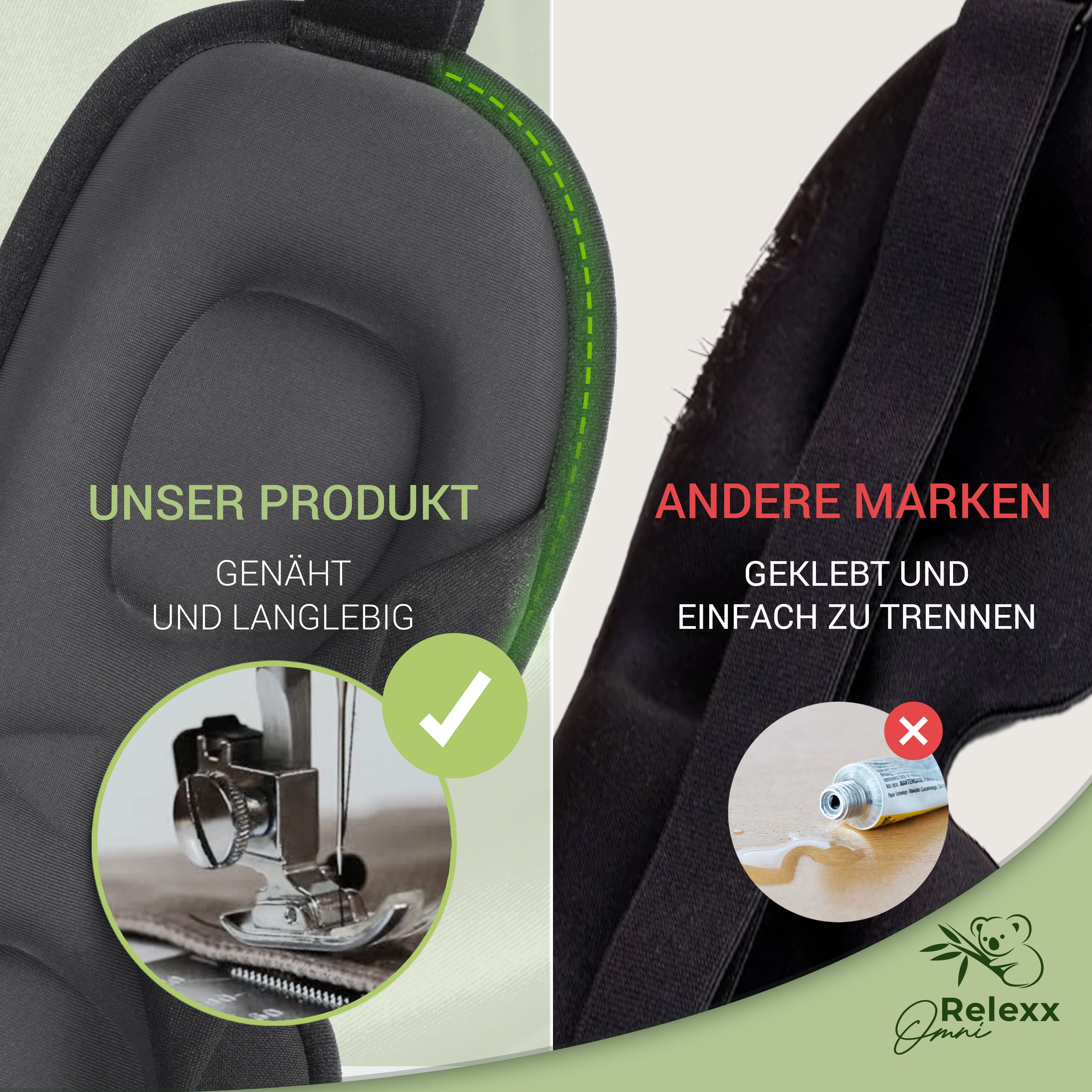 Vergleich: Genähte Schlafmaske vs. geklebte. Logo unten rechts. Text: Unser Produkt genäht und langlebig.