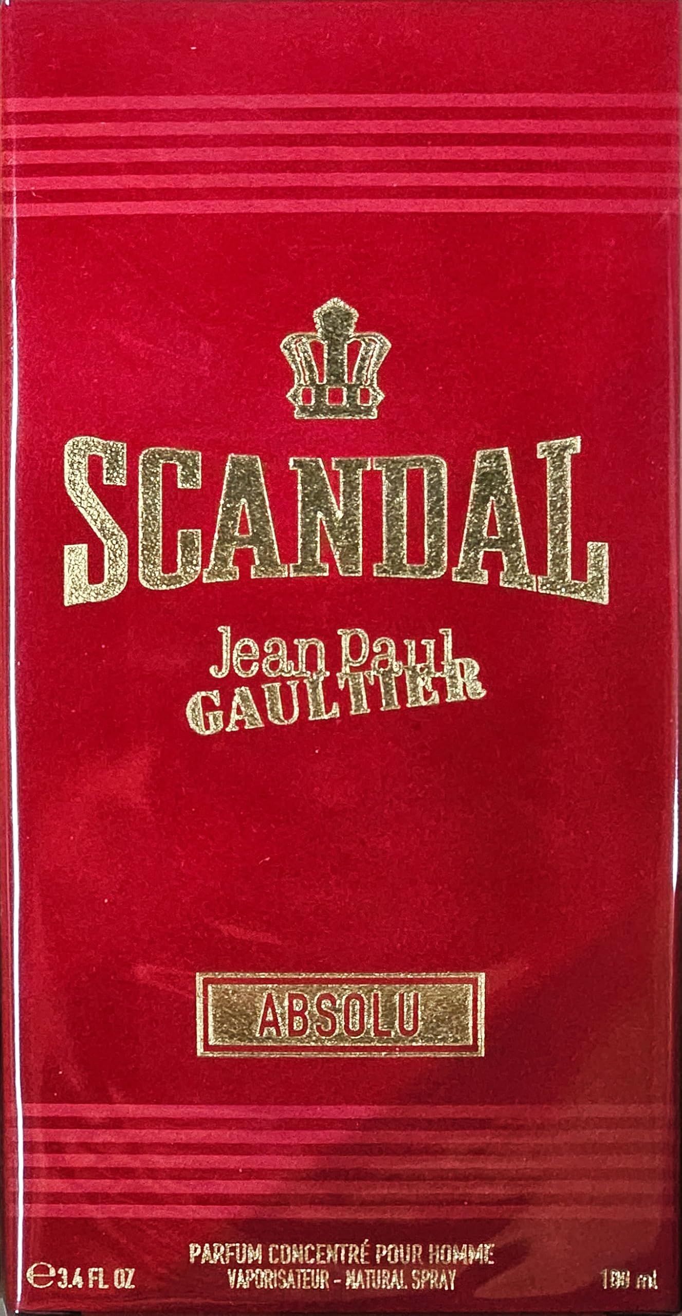 Rote Verpackung mit goldfarbenem "SCANDAL"-Schriftzug und Krone. "Jean Paul Gaultier" darunter. "Absolu"-Label.