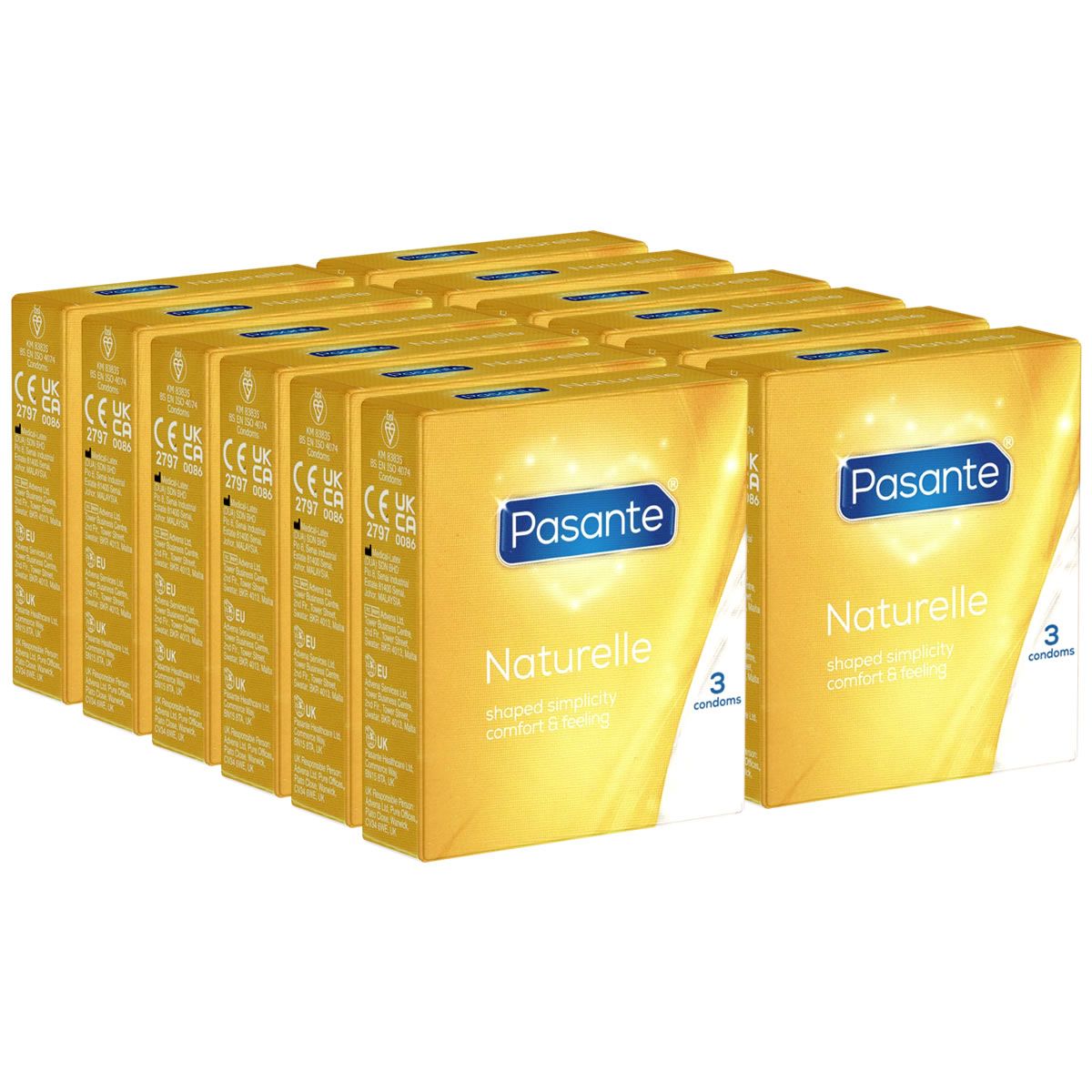 Packungen Kondome. Aufschrift Pasante Naturelle. 3 Kondome pro Packung. CE-Kennzeichnung.