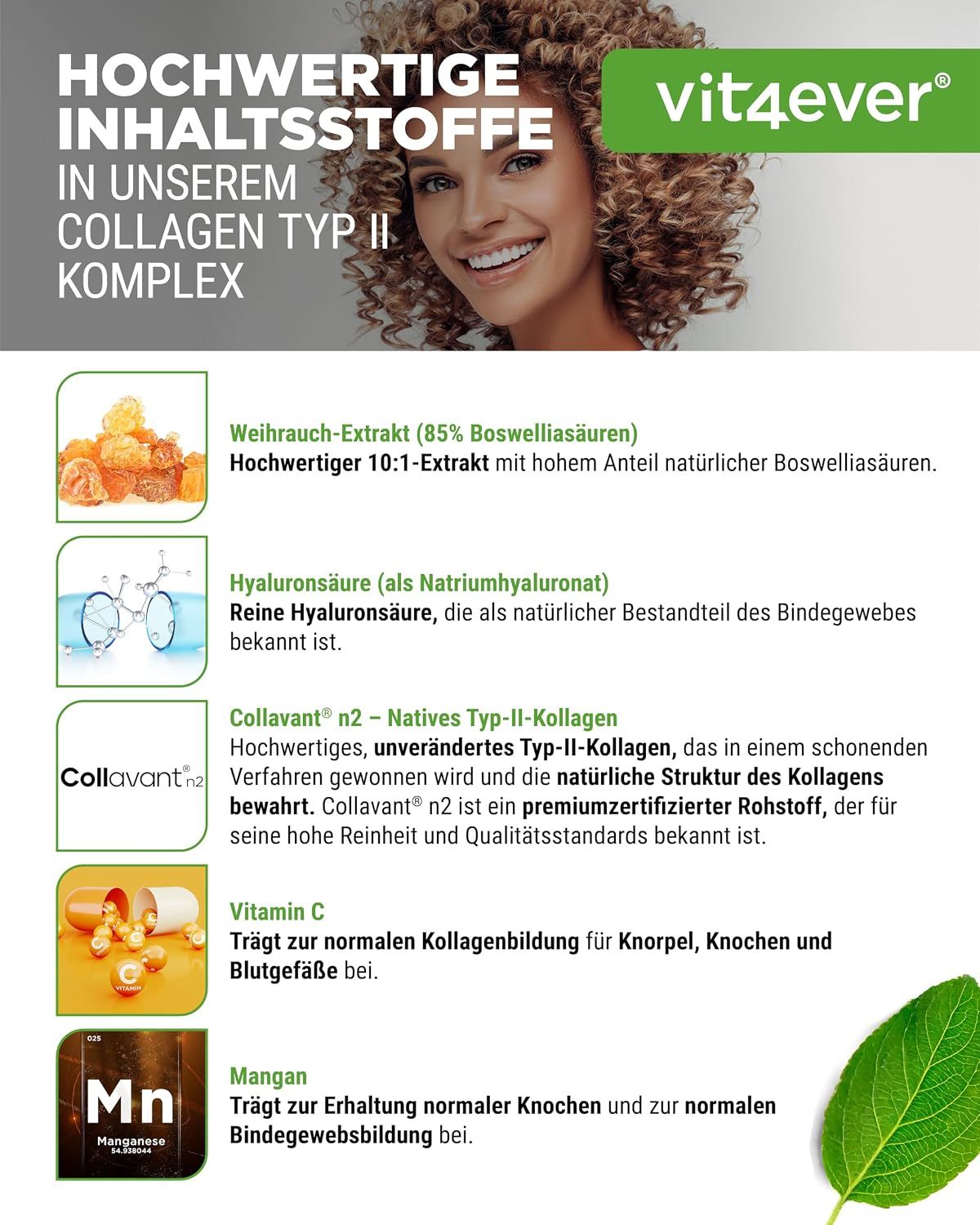 Vit4ever Kollagen Typ II Komplex: Weihrauch-Extrakt, Hyaluronsäure, Collavant N2, Vitamin C, Mangan.