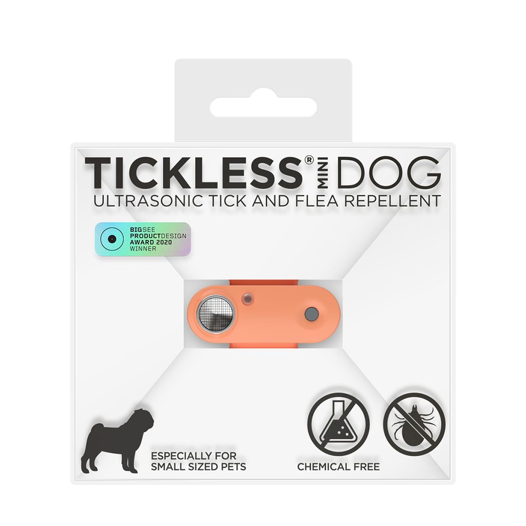 Pfirsichfarbenes TICKLESS MINI DOG in Verpackung. Ultraschall-Zecken- und Flohschutz. Auszeichnung. Für kleine Hunde. Chemiefrei.