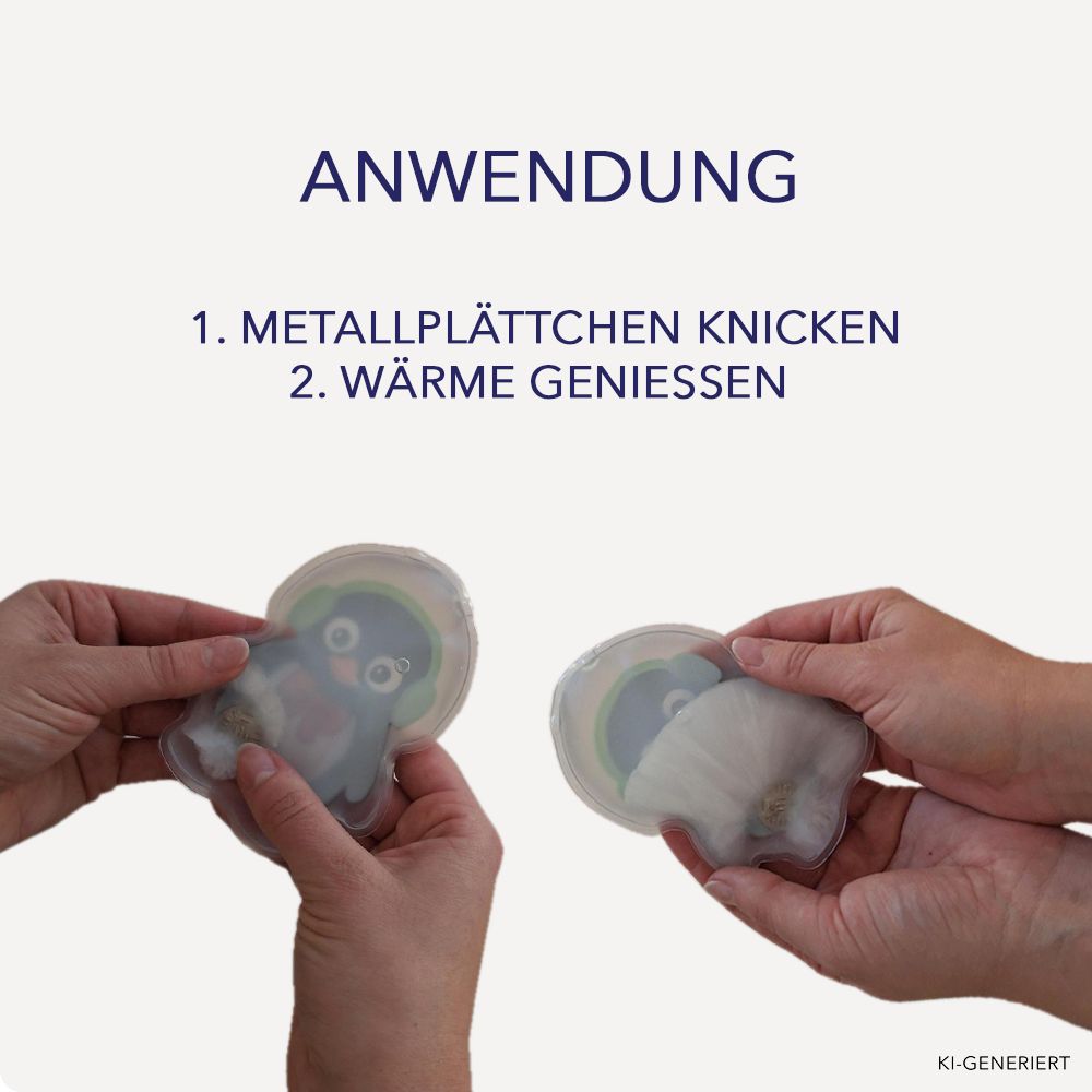Hände aktivieren ein Pinguin-Wärmekissen durch Knicken.