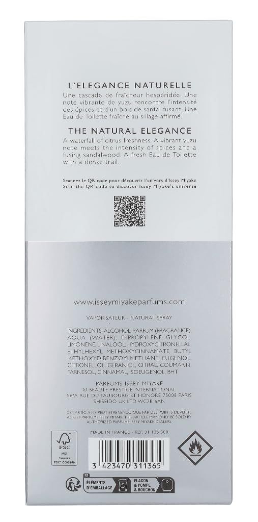 Rückseite der Verpackung. Text: L'ELEGANCE NATURELLE, Inhaltsstoffe, QR-Code, FSC-Logo, Warnhinweis, 3.4 fl.oz, 100 ml.
