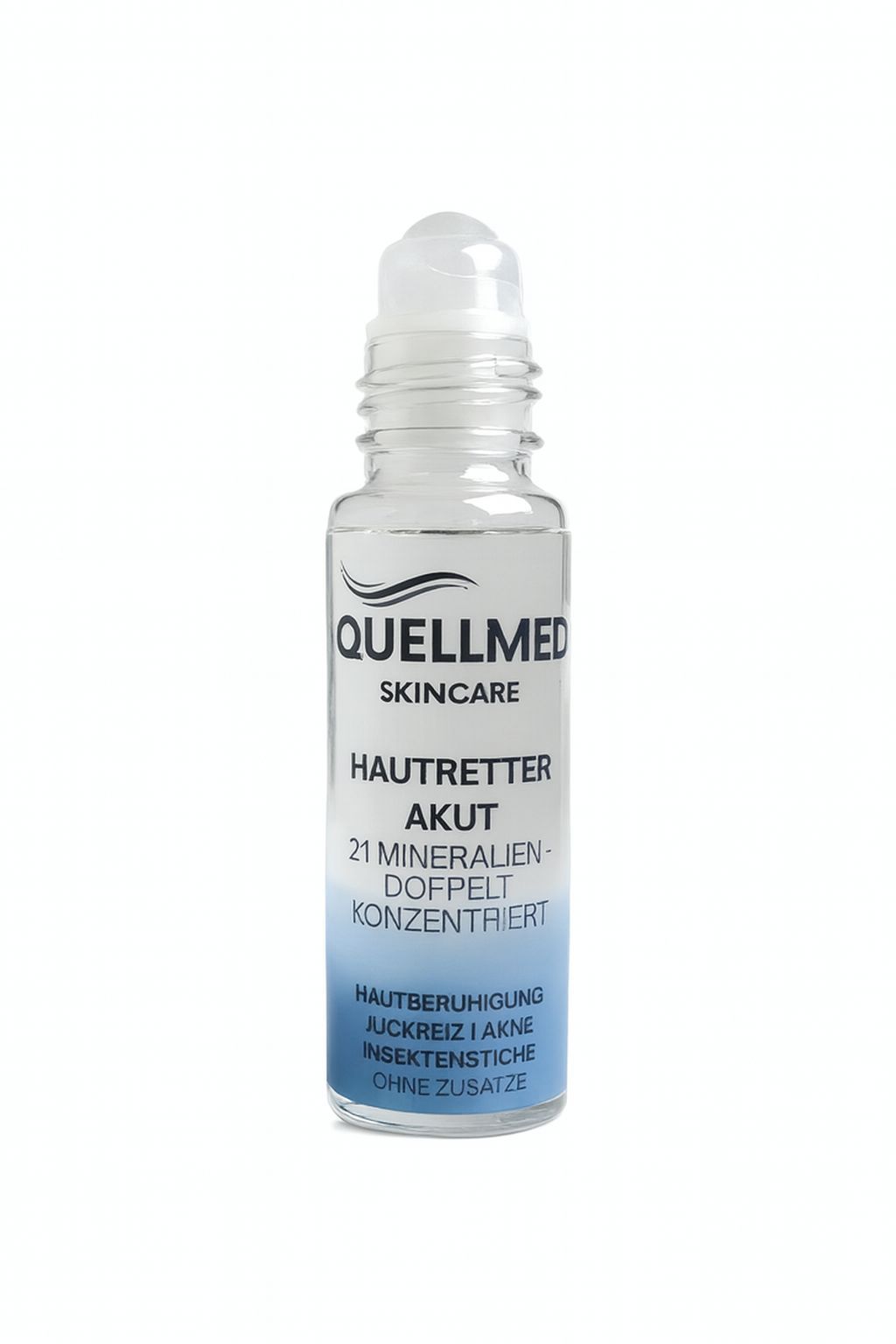 Quellmed Hautretter Akut Flasche. Aufschrift: 21 Mineralien, doppelt konzentriert. Für Hautberuhigung, Juckreiz, Akne, Insektenstiche.